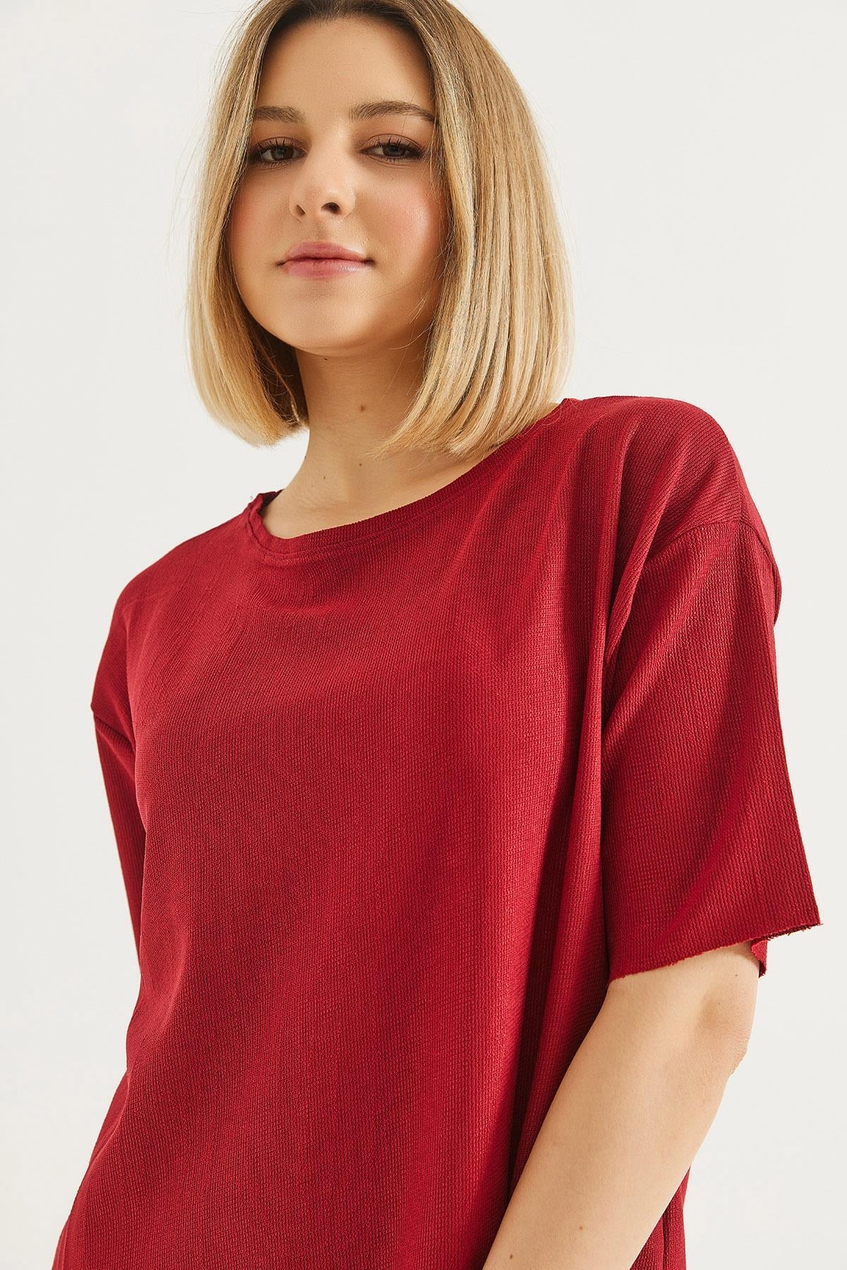 Bisiklet Yaka  Kısa Kol Basic Tshirt Bordo