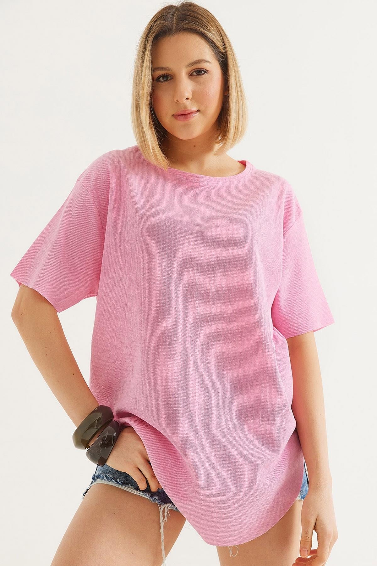 Bisiklet Yaka  Kısa Kol Basic Tshirt Pembe