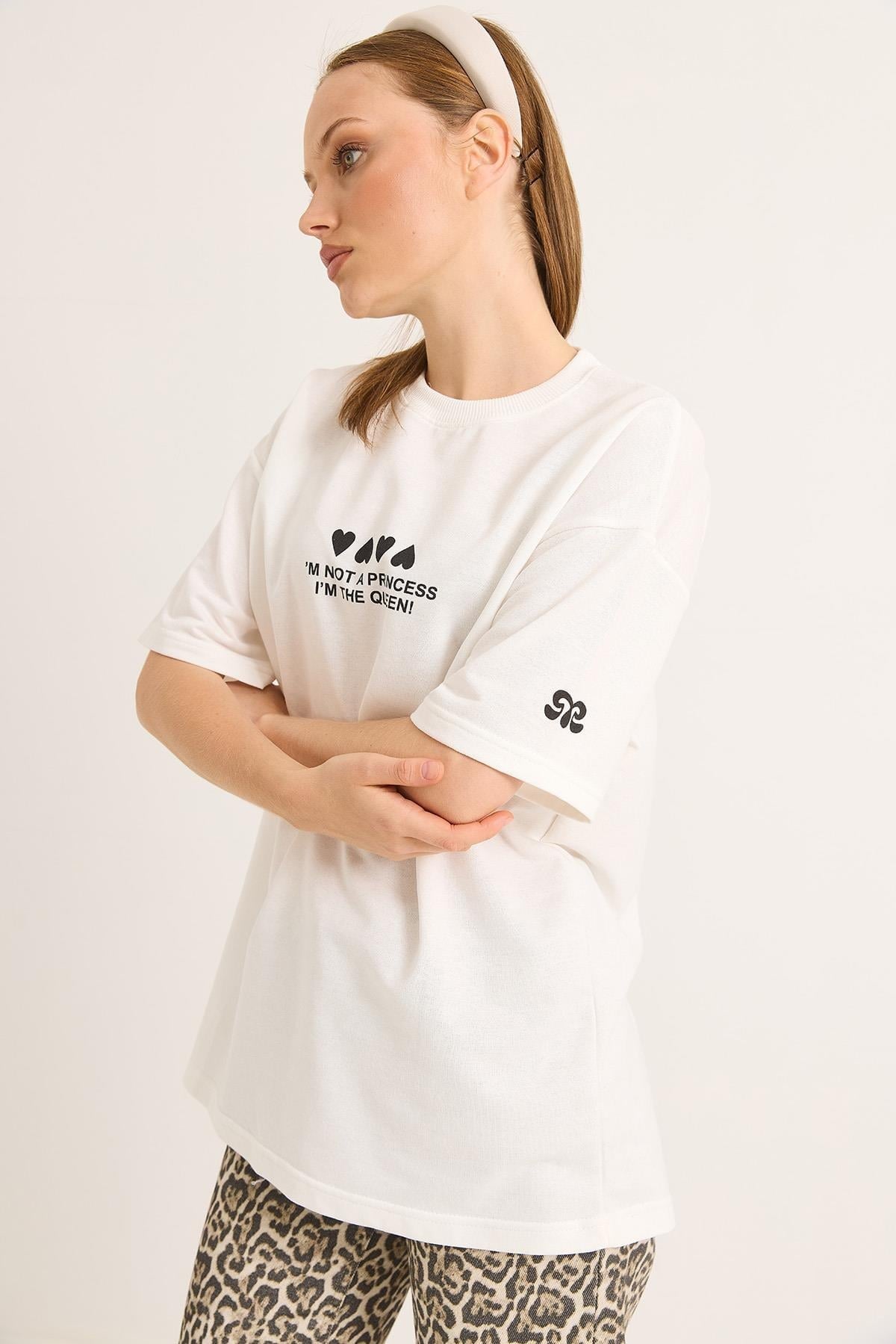 Bisiklet Yaka Baskılı Oversize Tshirt Beyaz
