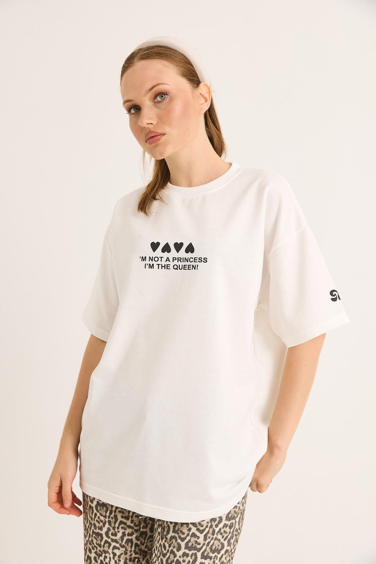 Bisiklet Yaka Baskılı Oversize Tshirt Beyaz