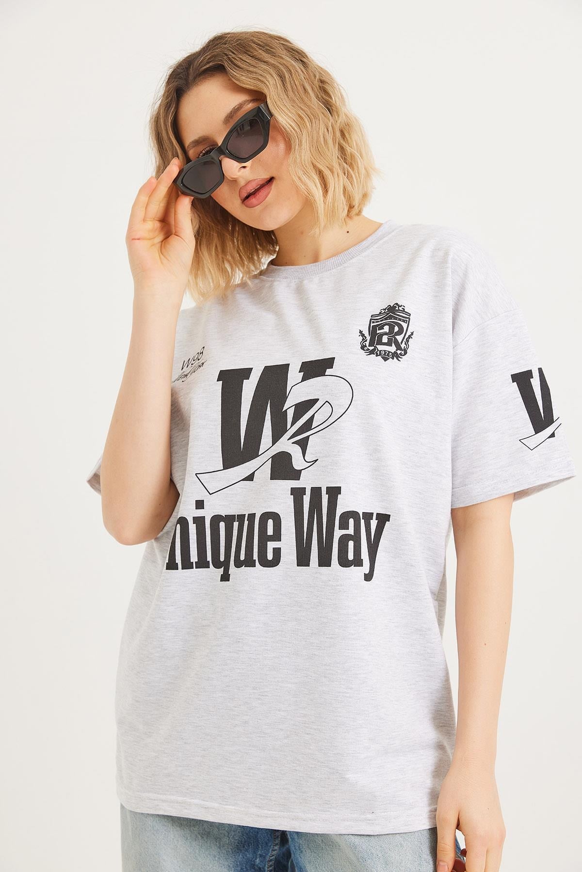 Bisiklet Yaka Baskılı Tshirt Açık Gri