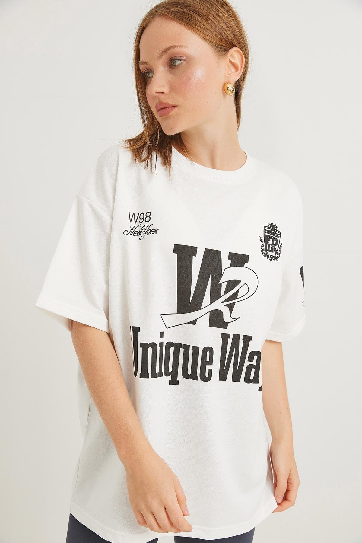 Bisiklet Yaka Baskılı Tshirt Beyaz