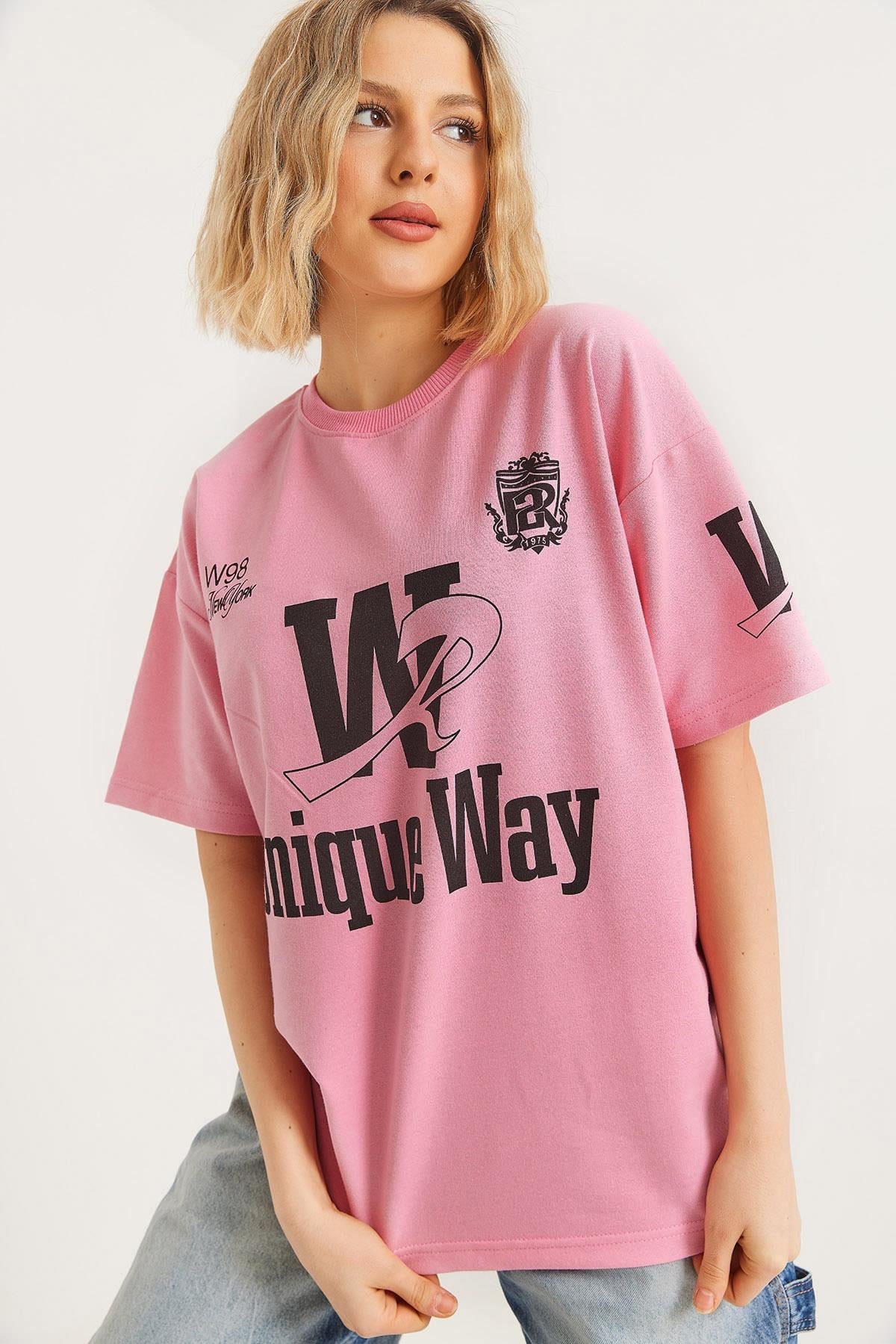 Bisiklet Yaka Baskılı Tshirt Pembe