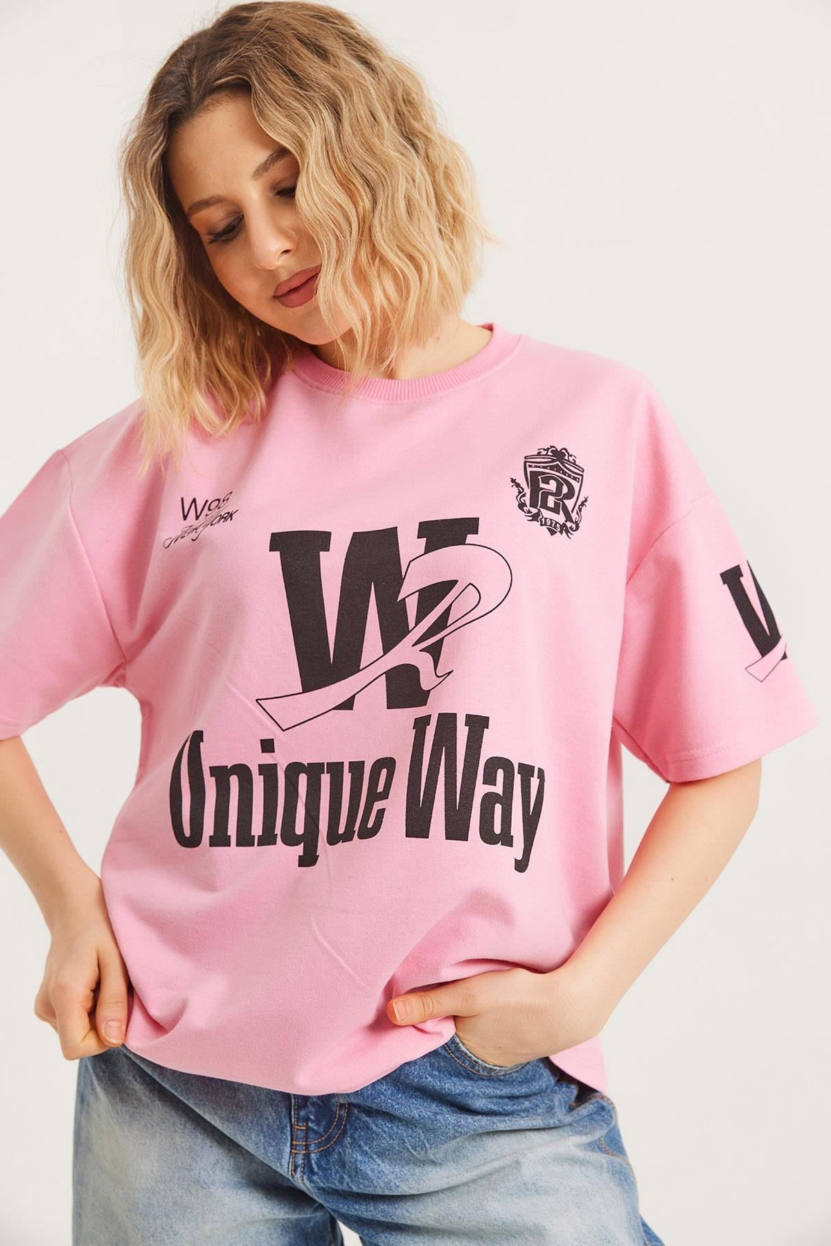 Bisiklet Yaka Baskılı Tshirt Pembe