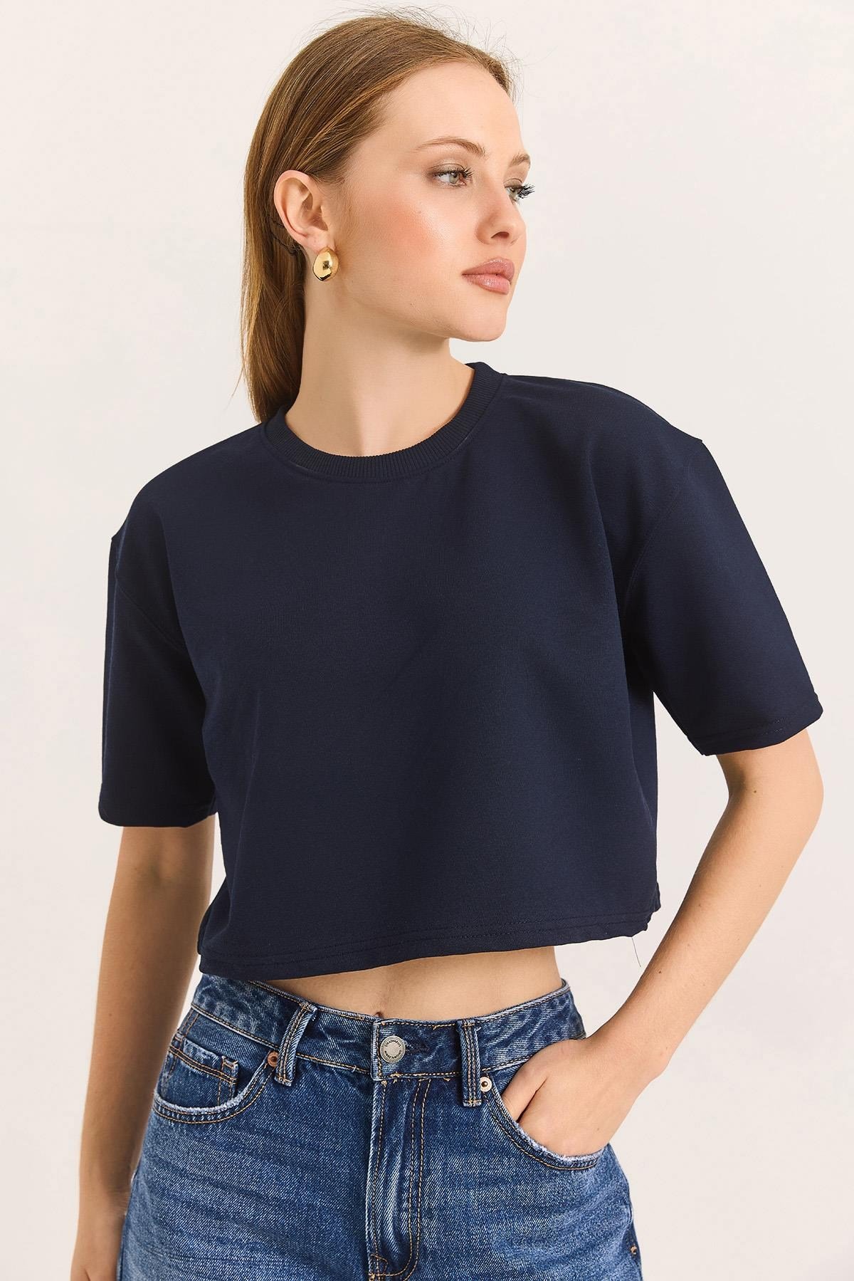 Bisiklet Yaka Havalı Crop İki İp Tshirt Lacivert