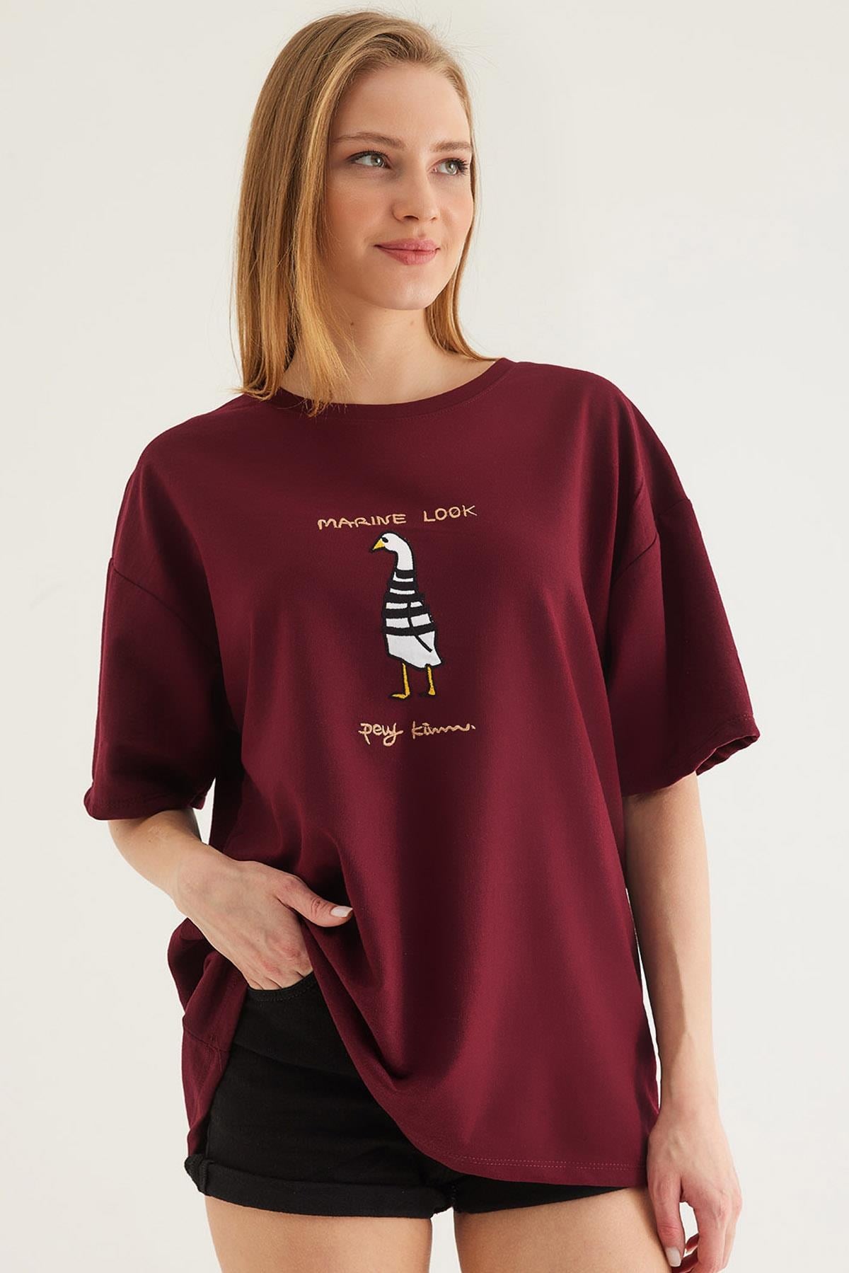 Bisiklet Yaka Oversize Baskılı Tshirt Bordo