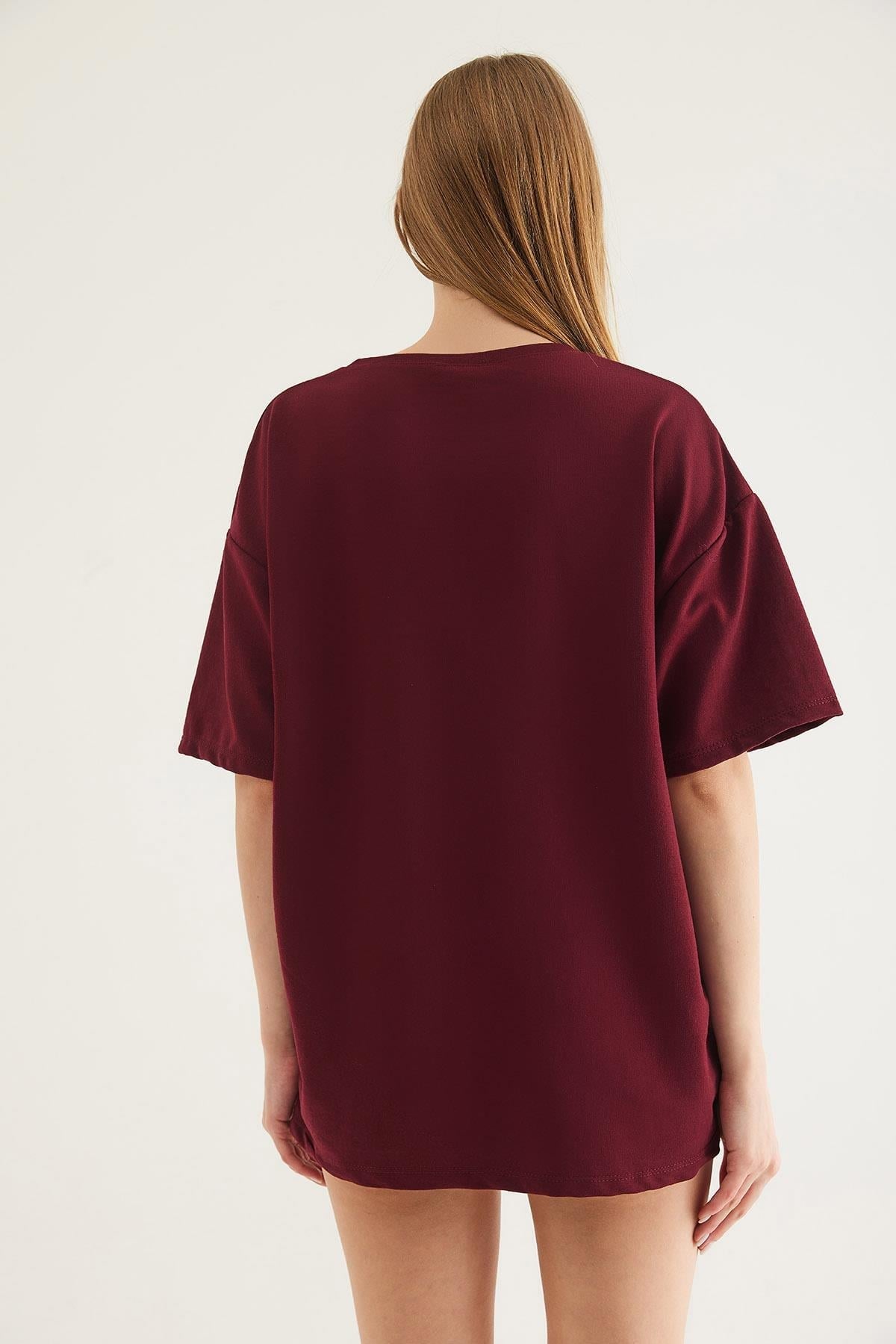 Bisiklet Yaka Oversize Baskılı Tshirt Bordo