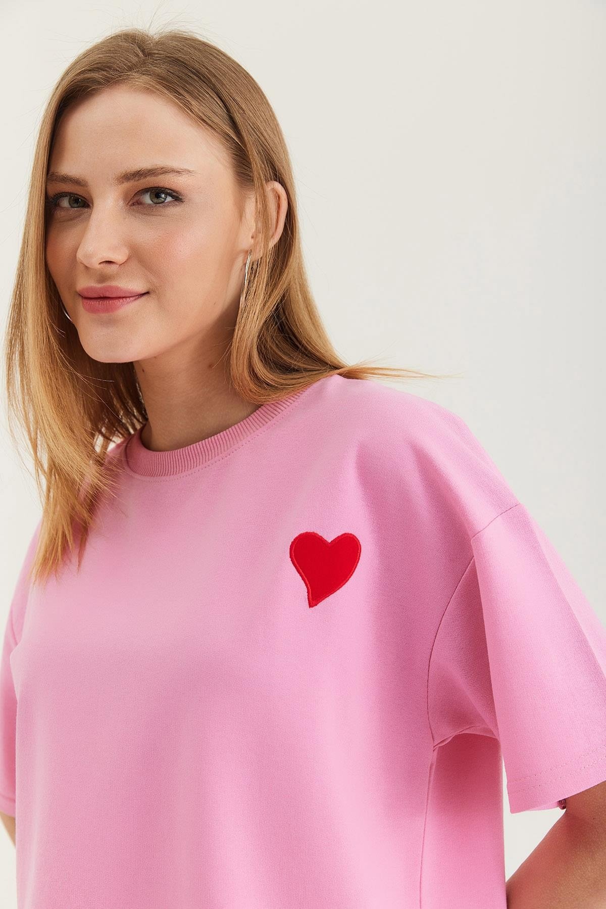 Bisiklet Yaka Oversize T-Shirt Pembe
