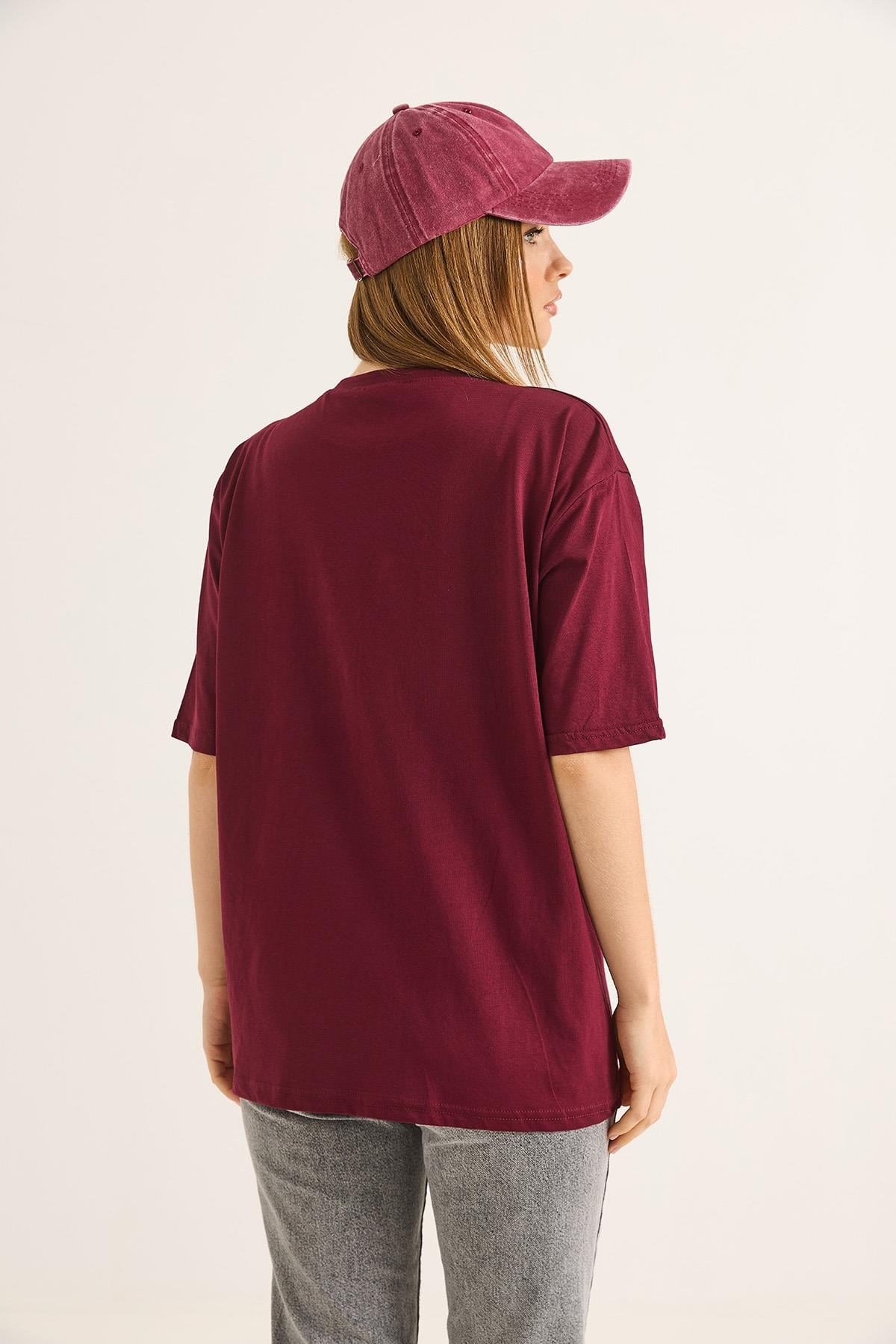Bisiklet Yaka Taş Detaylı Cepli Tshirt Bordo