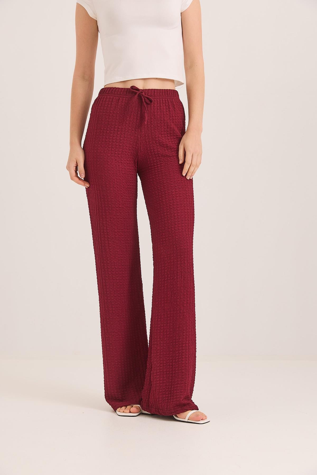 Bubble Örme Kumaş Rahat Kalıp Pantolon Bordo