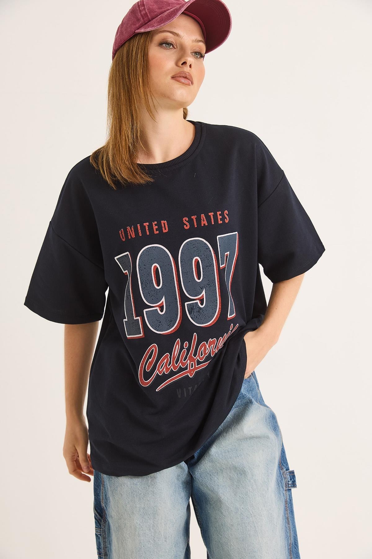 California Baskılı Oversize İki İplik Tshirt Siyah