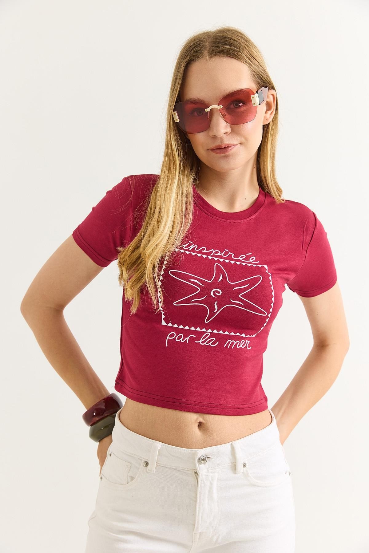 Deniz Yıldızı Baskılı Bisiklet Yaka Crop Bordo