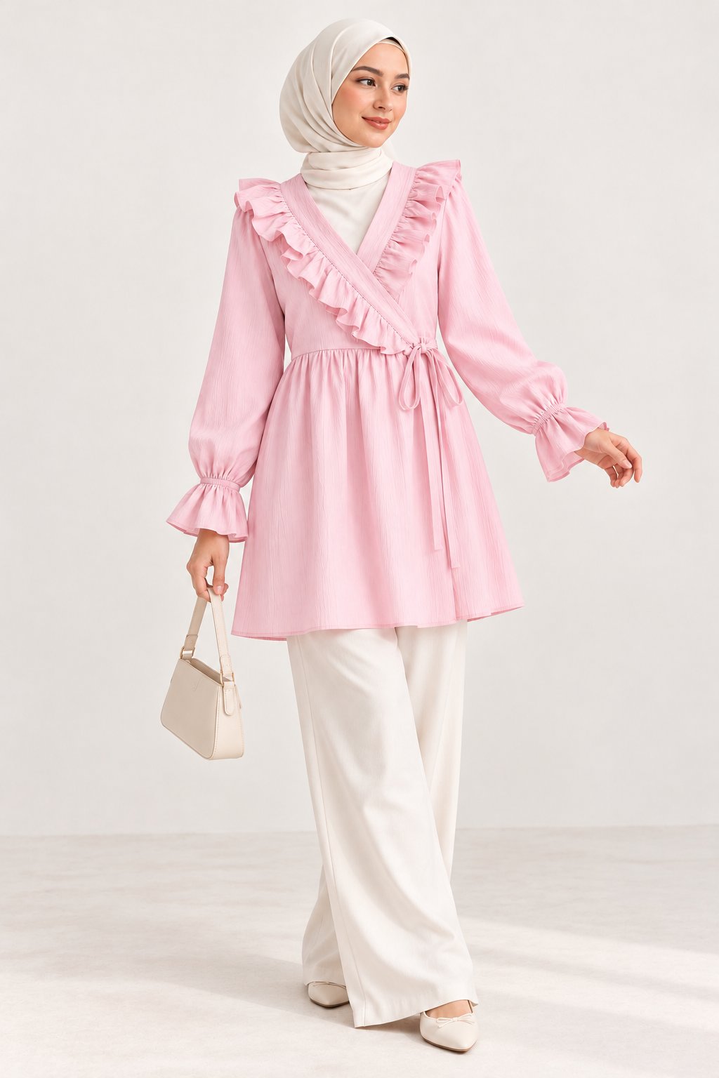 Fırfır Detaylı Bağlamalı Tunik Pembe