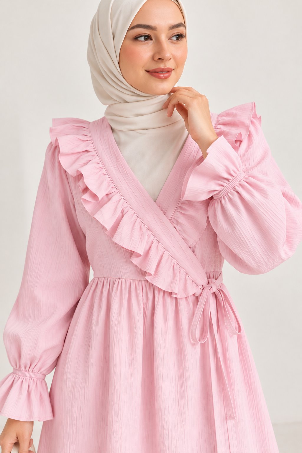 Fırfır Detaylı Bağlamalı Tunik Pembe