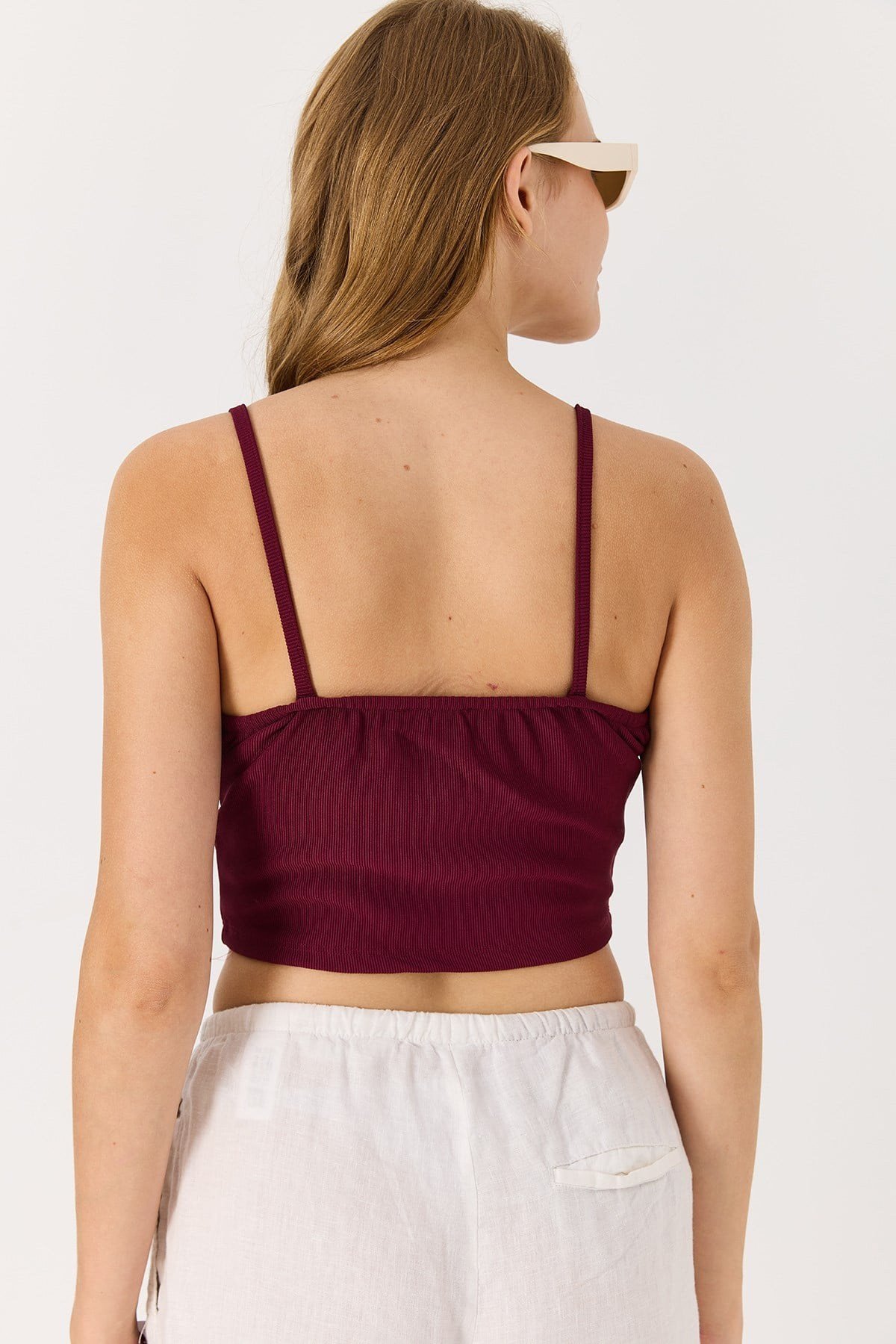 İp Askılı Örme Crop Bluz Bordo