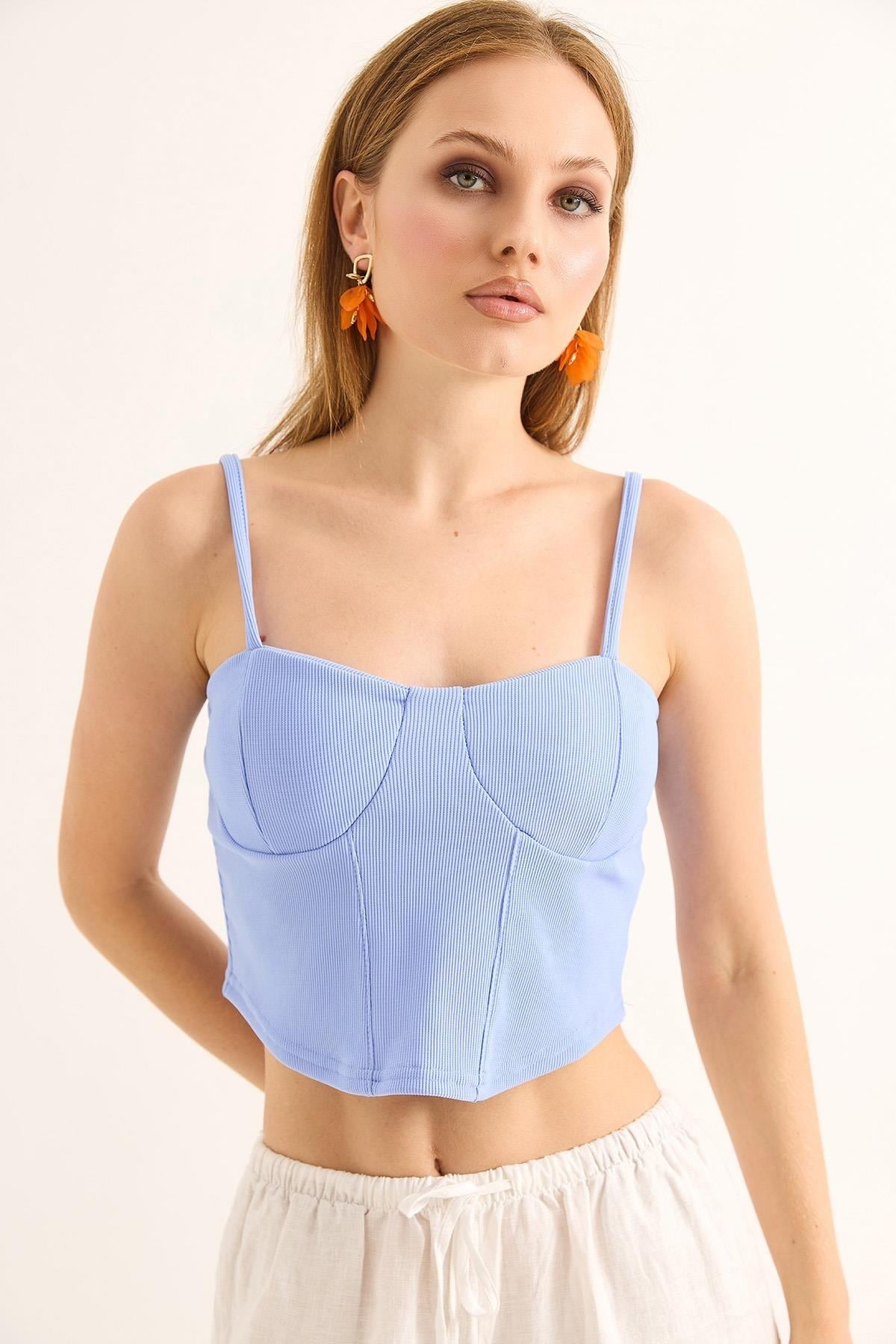 İp Askılı Örme Crop Bluz Mavi
