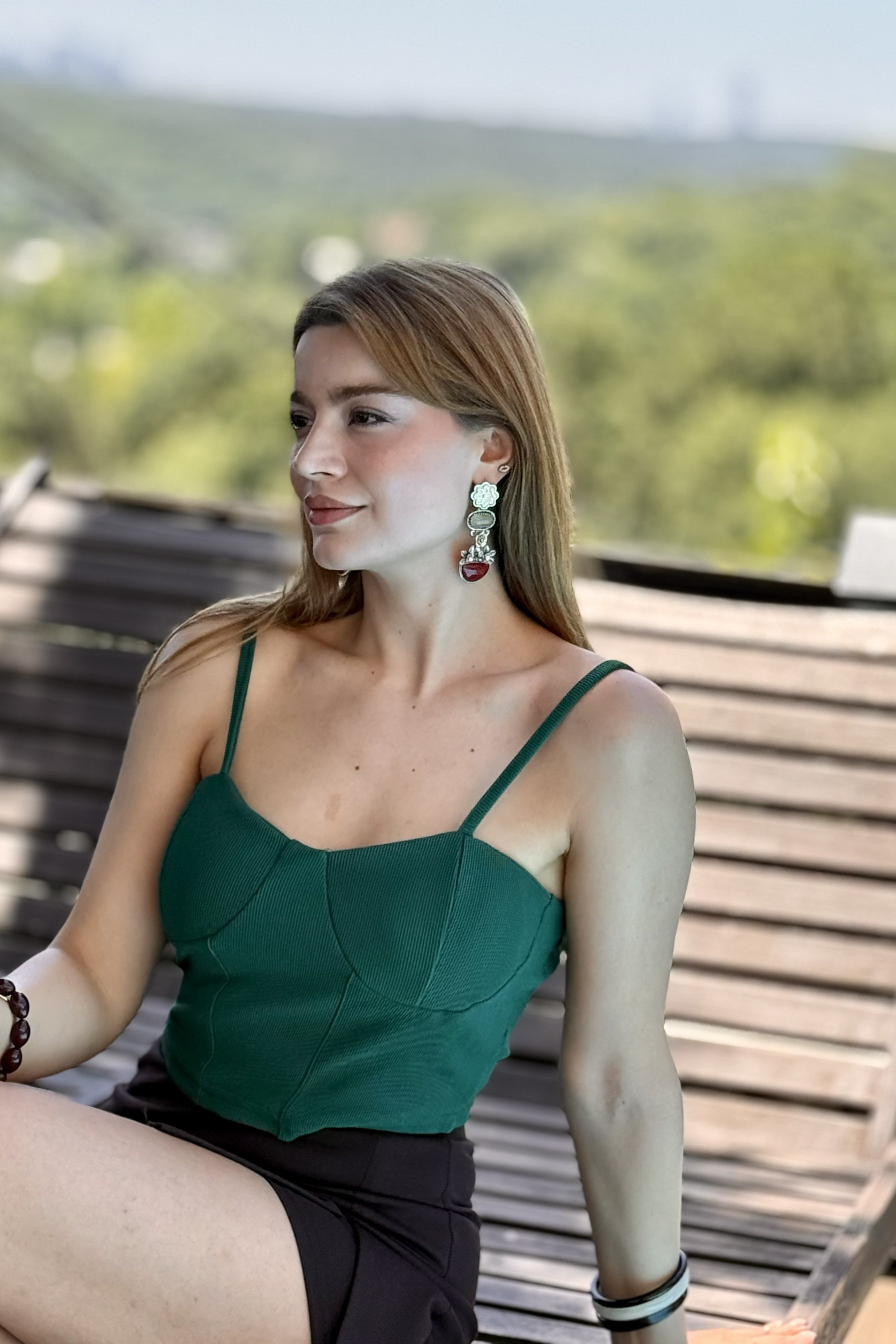 İp Askılı Örme Crop Bluz Yeşil