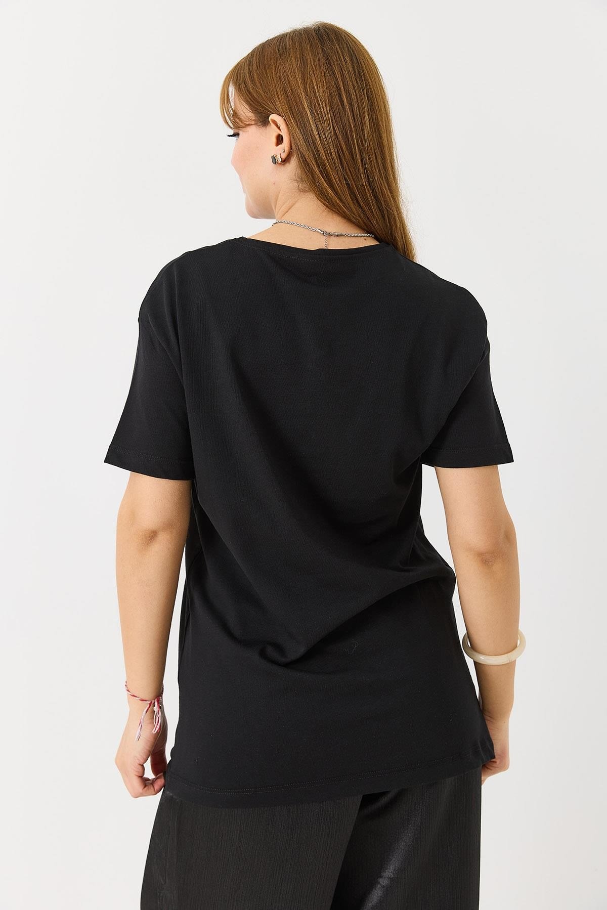 Kadın  Bisiklet Yaka Baskılı Kısa Kol Tshirt Siyah
