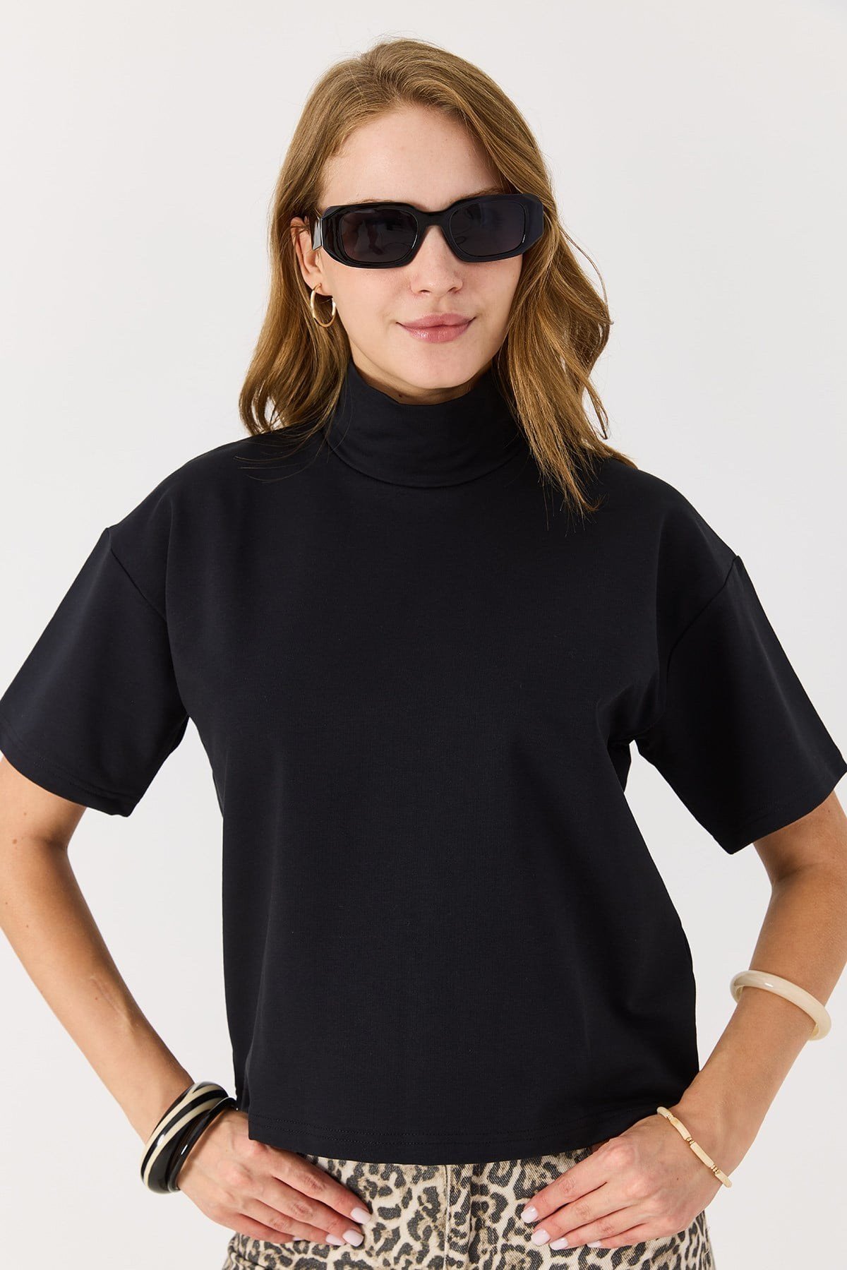 Kadın Balıkçı Yaka Kısa Kollu Modal Tshirt Siyah