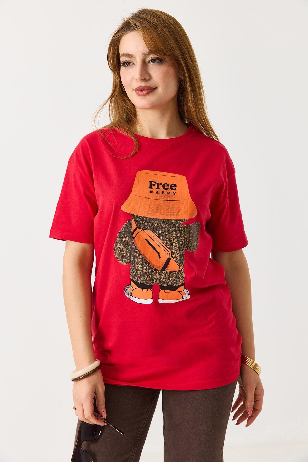 Kadın Baskılı Bisiklet Yaka Kısa Kol Tshirt Kırmızı