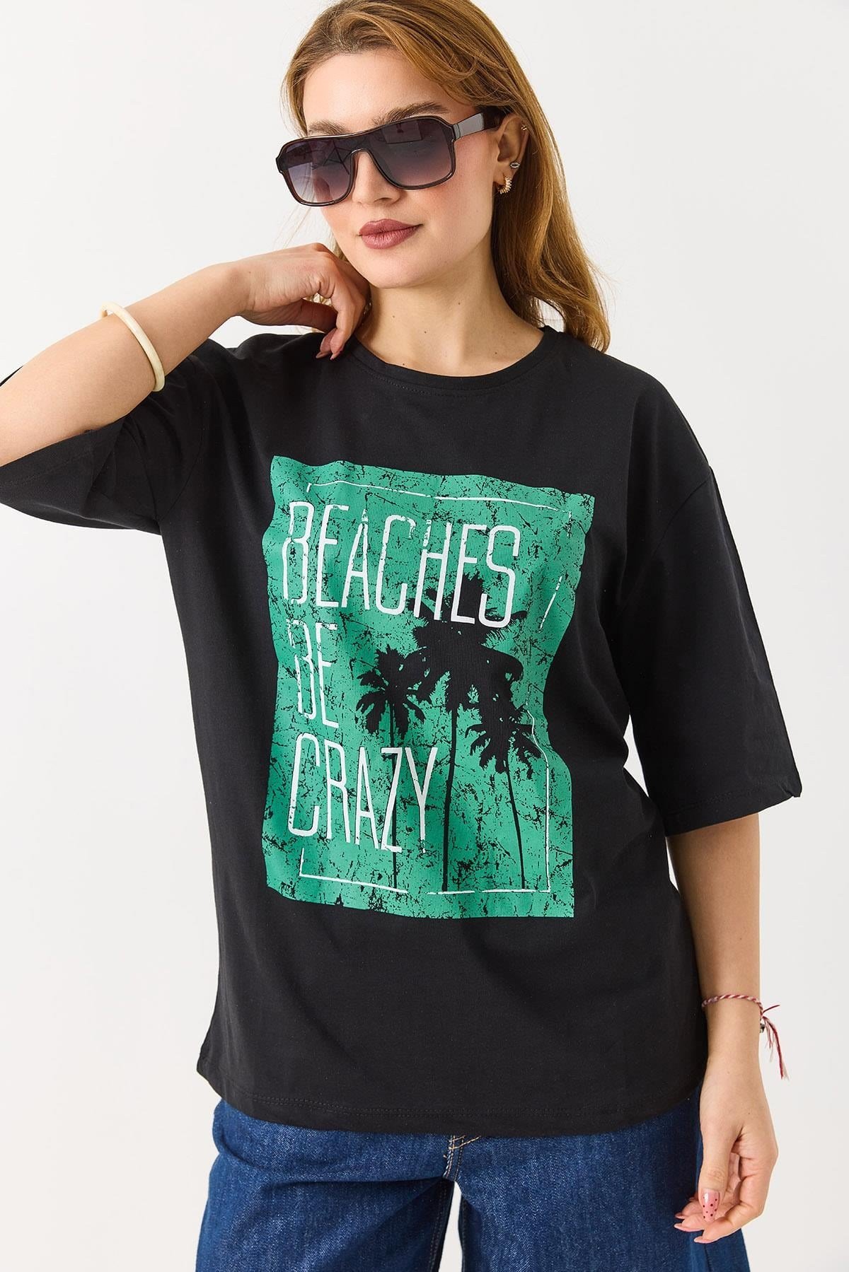 Kadın Baskılı Bisiklet Yaka Kısa Kol Tshirt Siyah