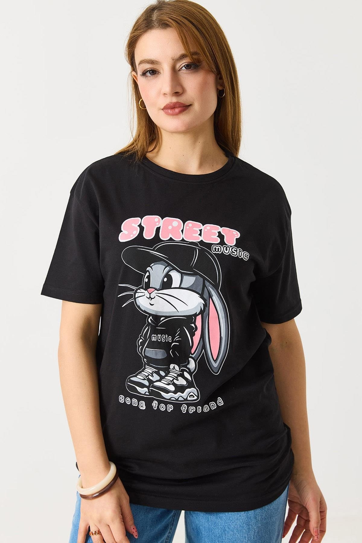 Kadın Baskılı Bisiklet Yaka Kısa Kol Tshirt Siyah