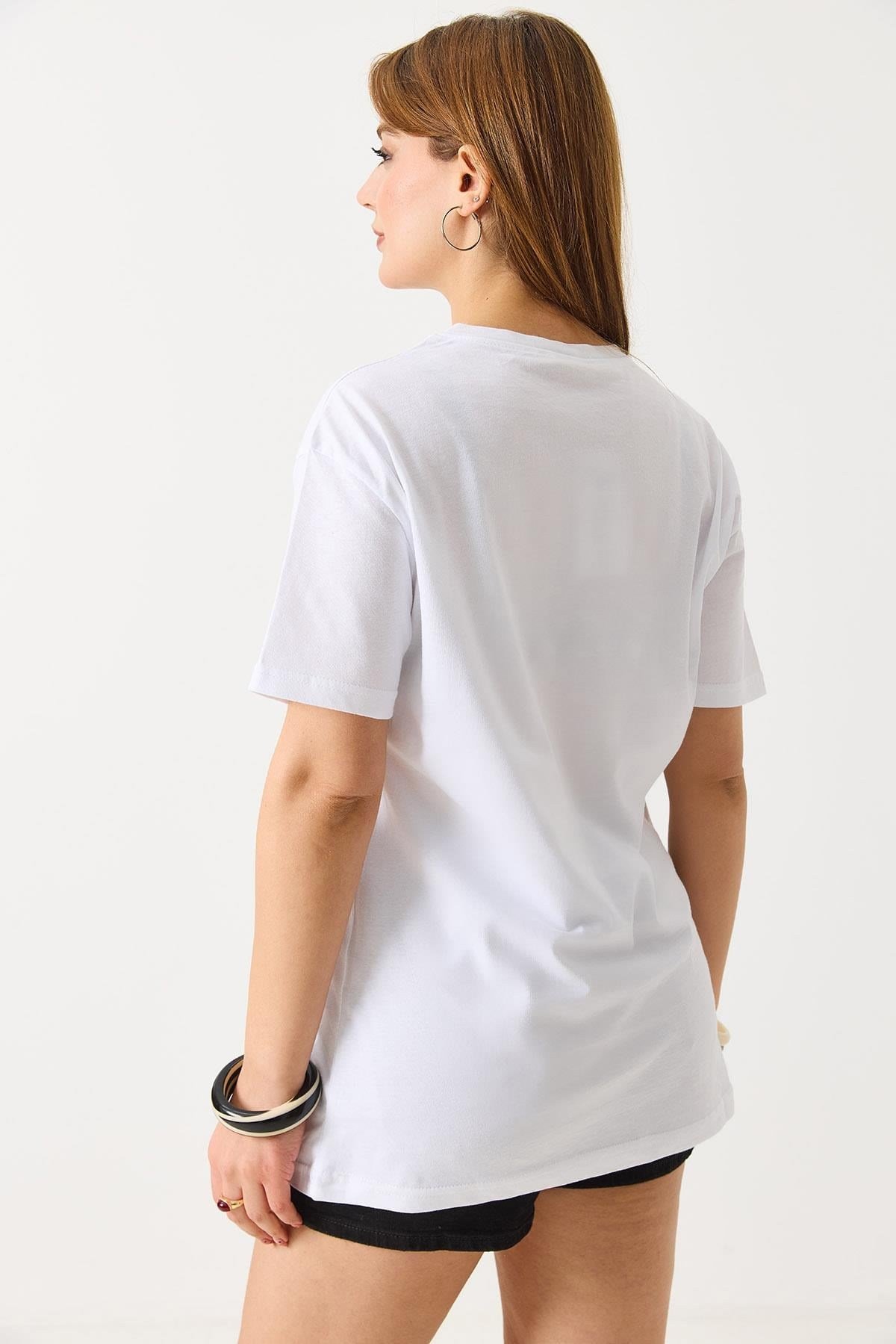 Kadın Baskılı Bisiklet Yaka Kısa Kol Tshirt Beyaz