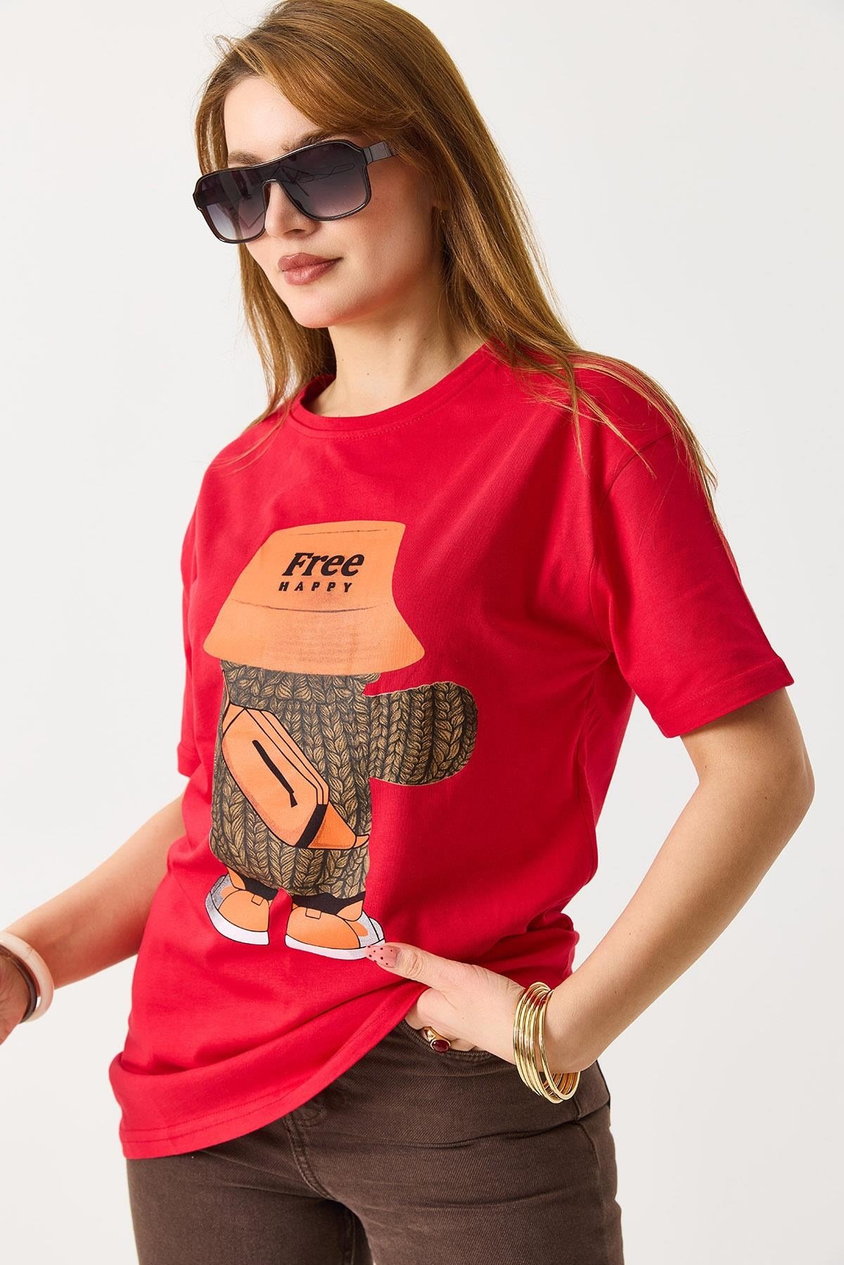 Kadın Baskılı Bisiklet Yaka Kısa Kol Tshirt Kırmızı