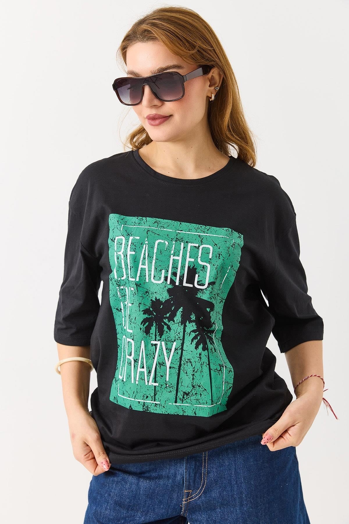 Kadın Baskılı Bisiklet Yaka Kısa Kol Tshirt Siyah