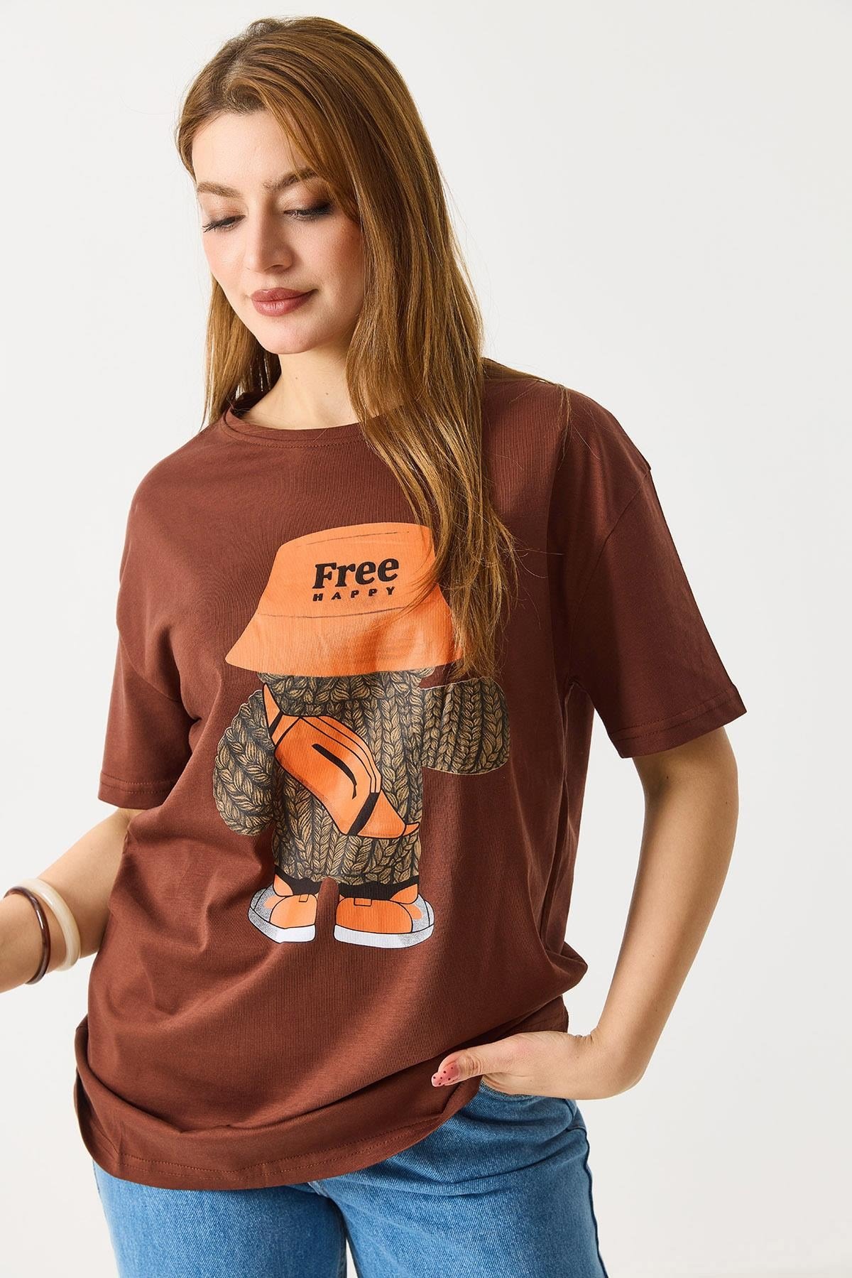 Kadın Baskılı Bisiklet Yaka Kısa Kol Tshirt Kahverengi