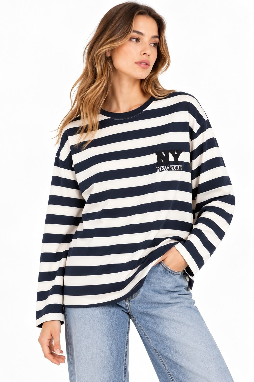 Kadın Baskılı Bisiklet Yaka Oversize Sweatshirt Lacivert