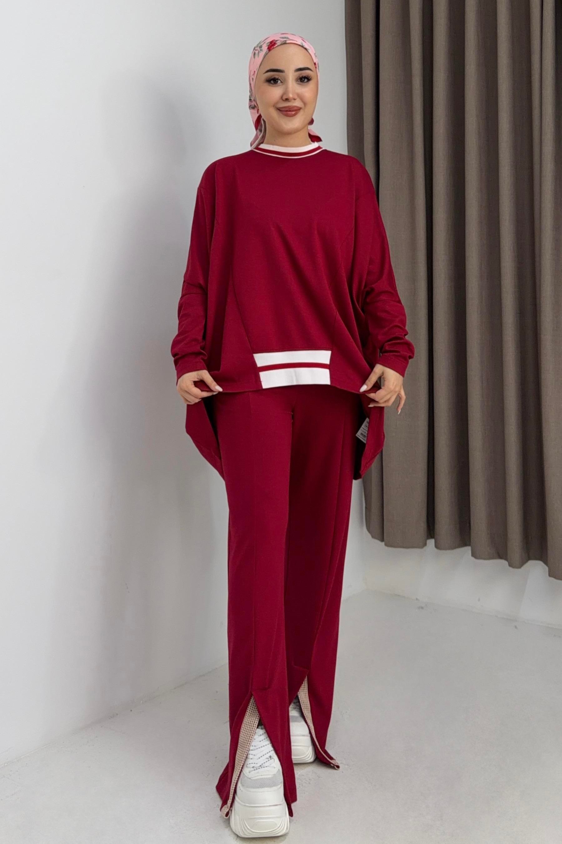 Kadın Beli Lastikli Dökümlü Model Oversize Eşofman Takım Kırmızı