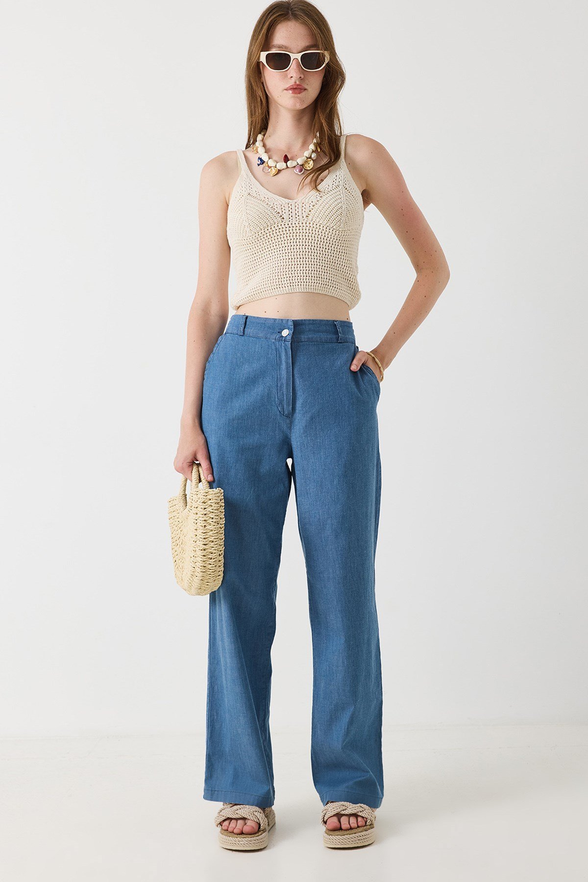 Kadın Beli Lastikli Geniş Paça Rahat Kesim Pantalon Mavi