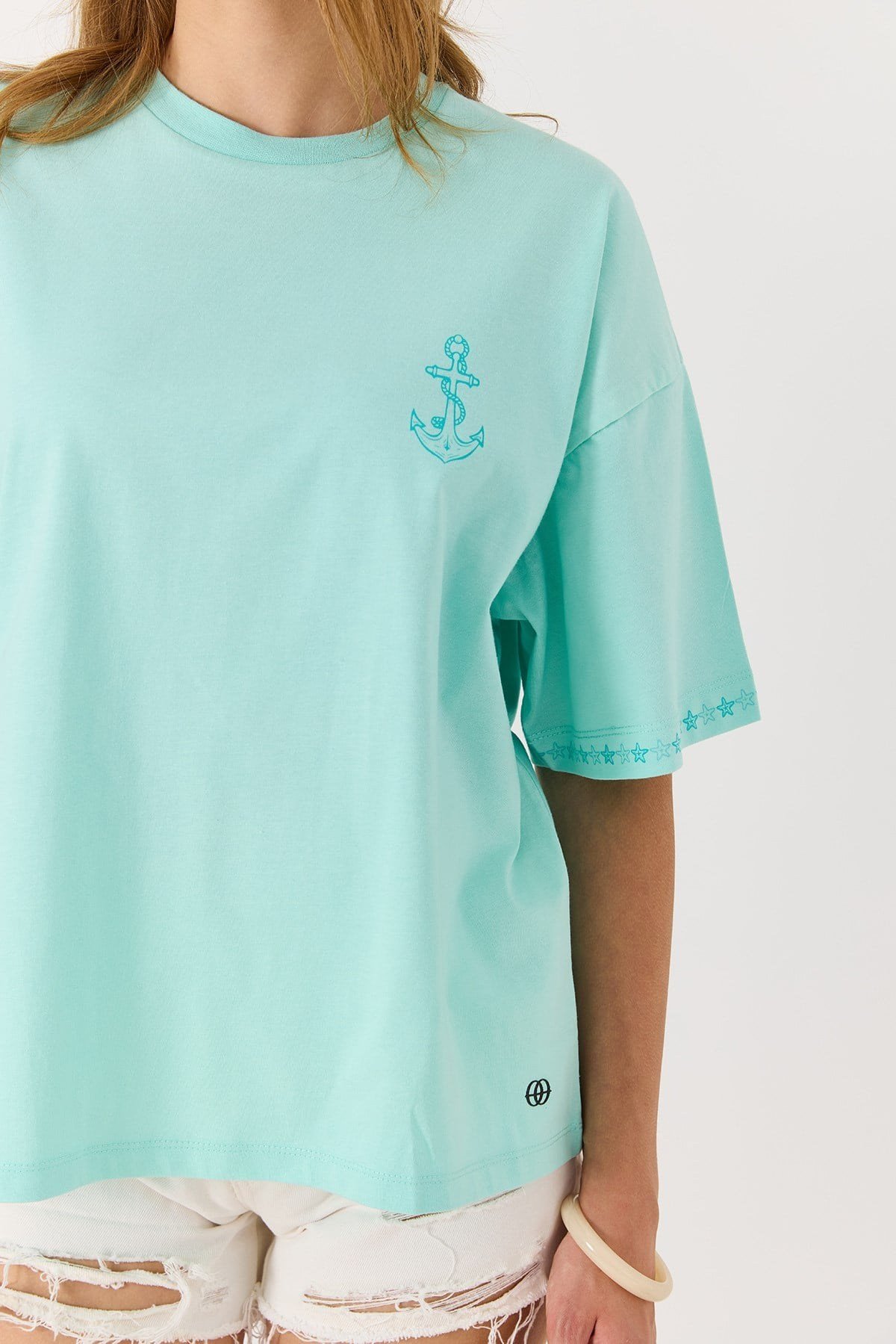 Kadın Bisiklet  Salaş Yaka Pembe Baskılı Tshirt Su Yeşili