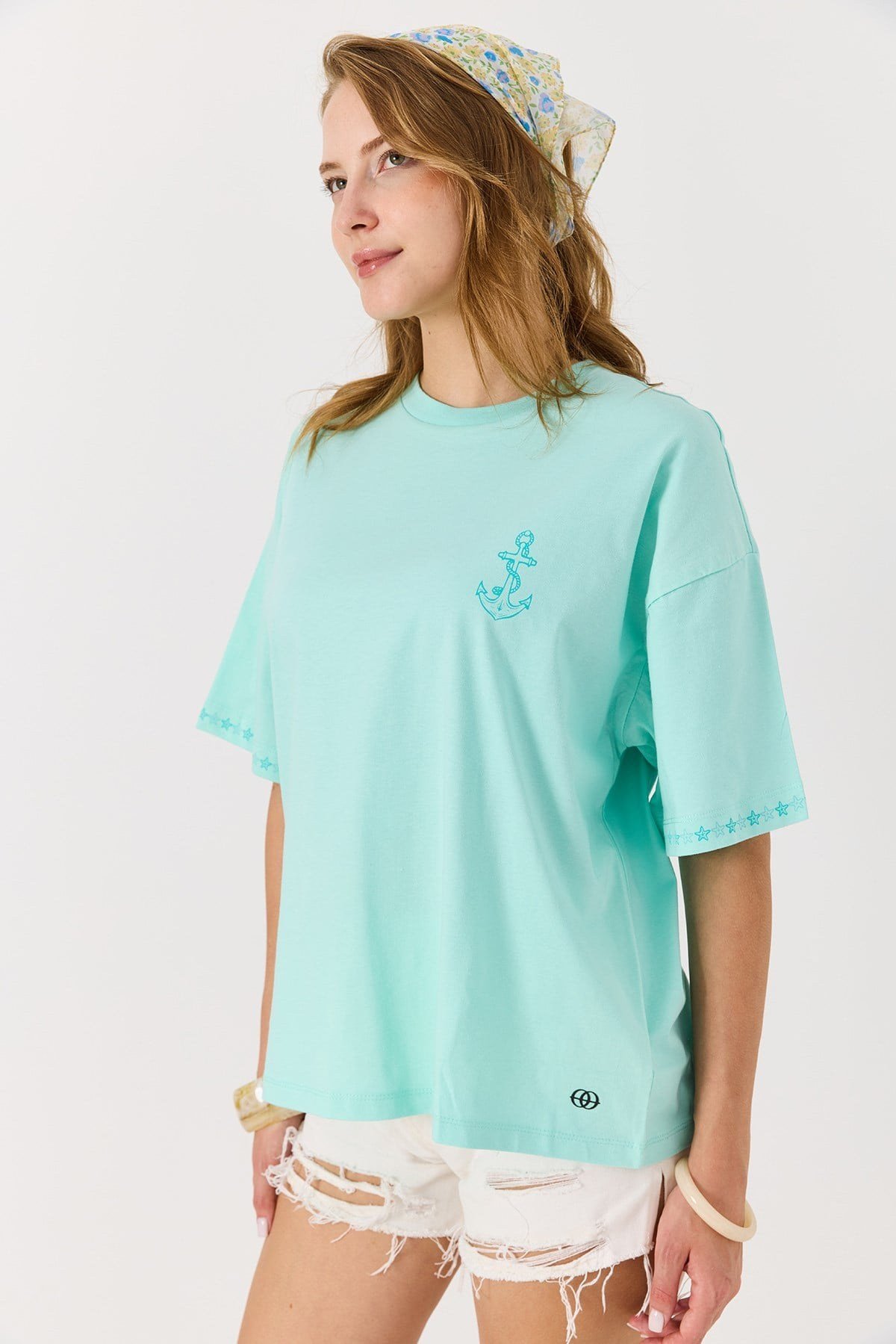 Kadın Bisiklet  Salaş Yaka Pembe Baskılı Tshirt Su Yeşili