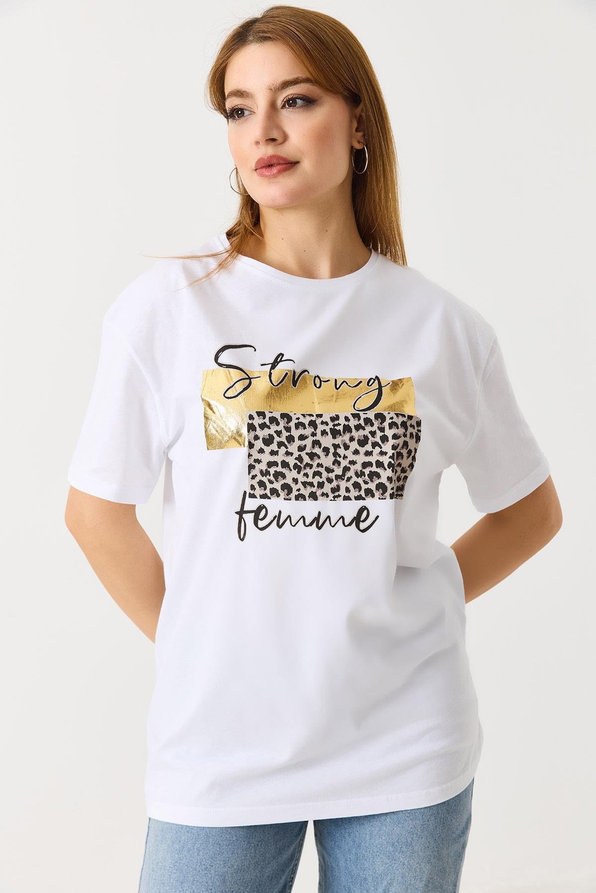 Kadın Bisiklet Yaka Baskılı Kısa Kol Tshirt Beyaz