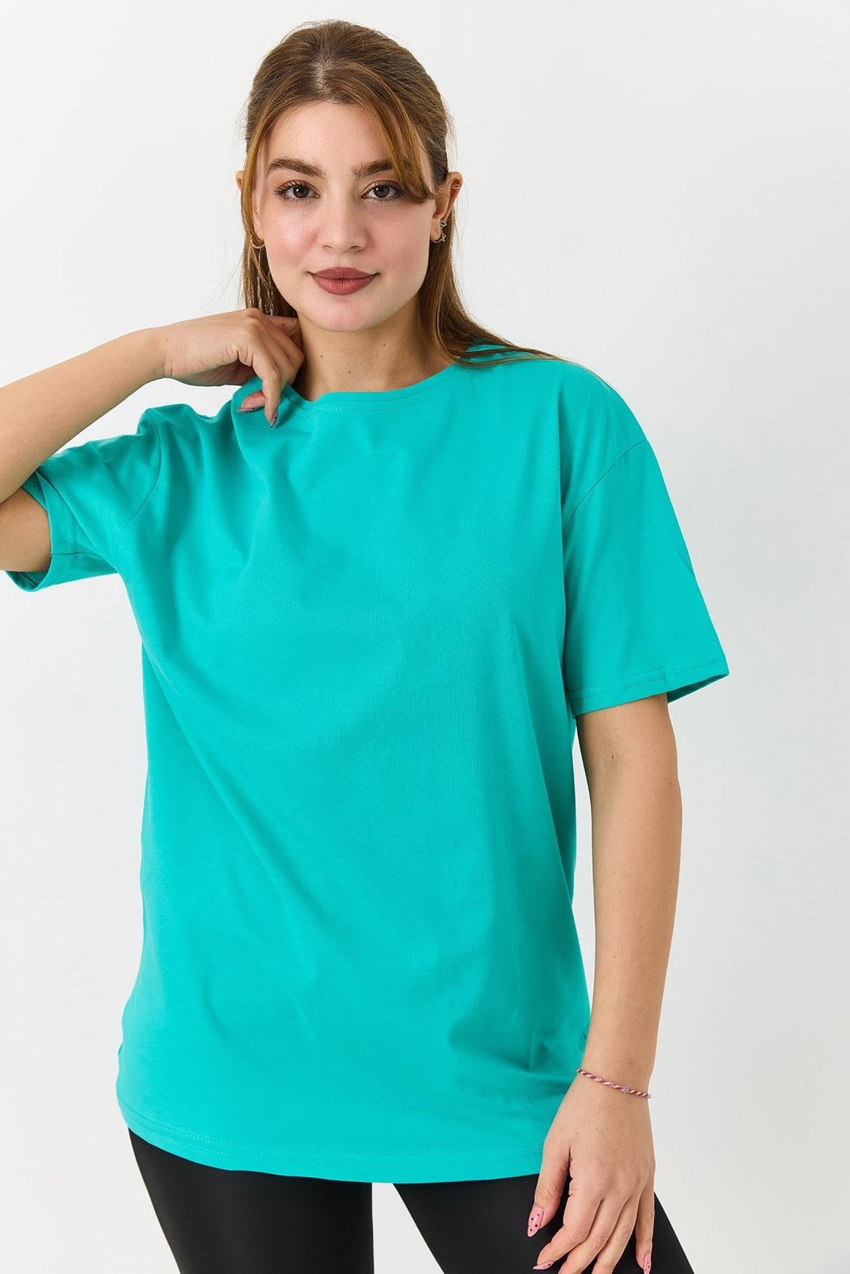 Kadın Bisiklet Yaka Baskısız Düz Bisiklet Yaka Tshirt Yeşil