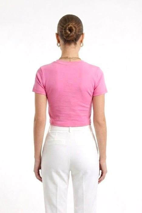 Kadın Bisiklet Yaka Düz Crop Bluz Pembe