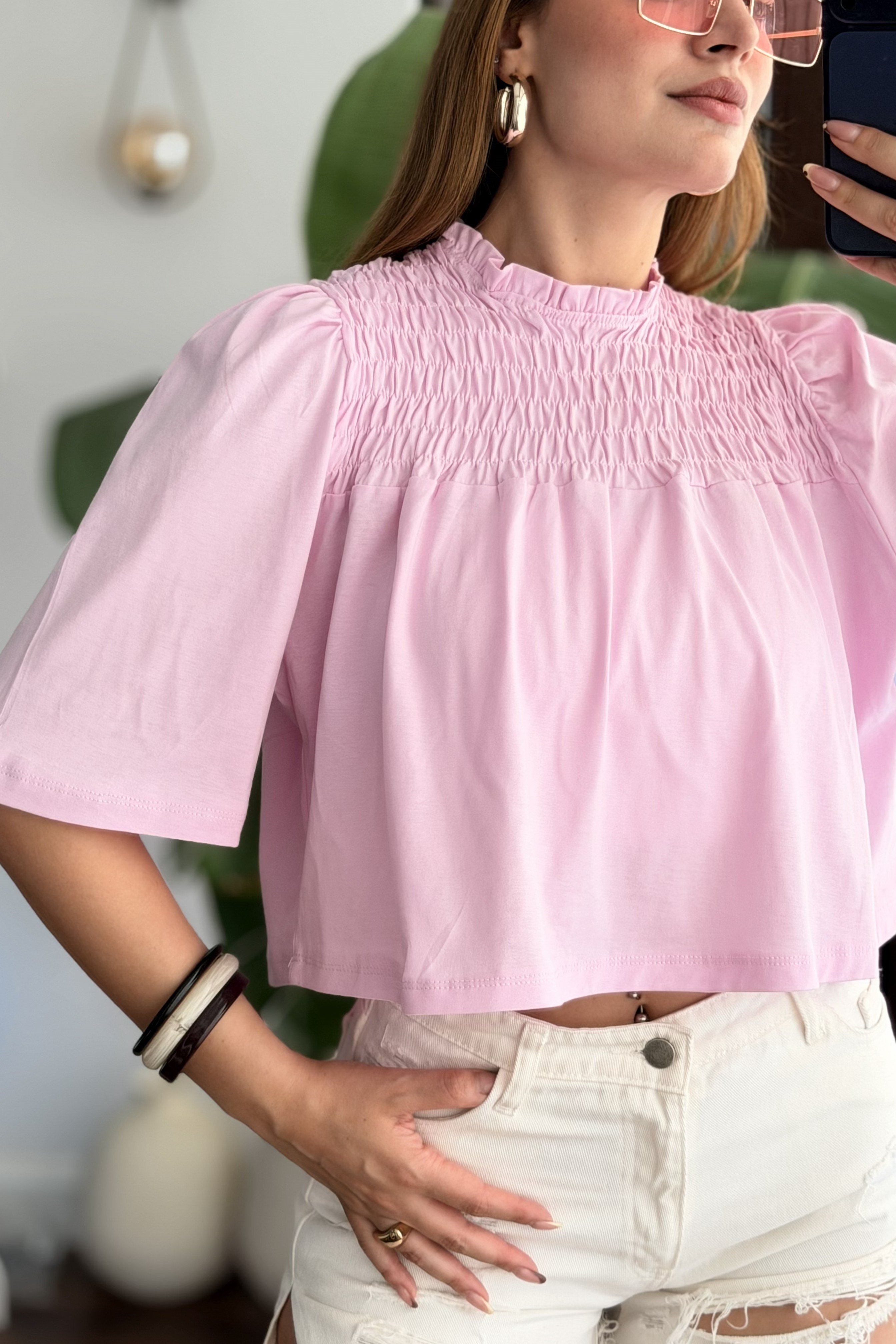 Kadın Bisiklet Yaka Göğsü Gipeli Kısa Kol Crop Bluz Pembe