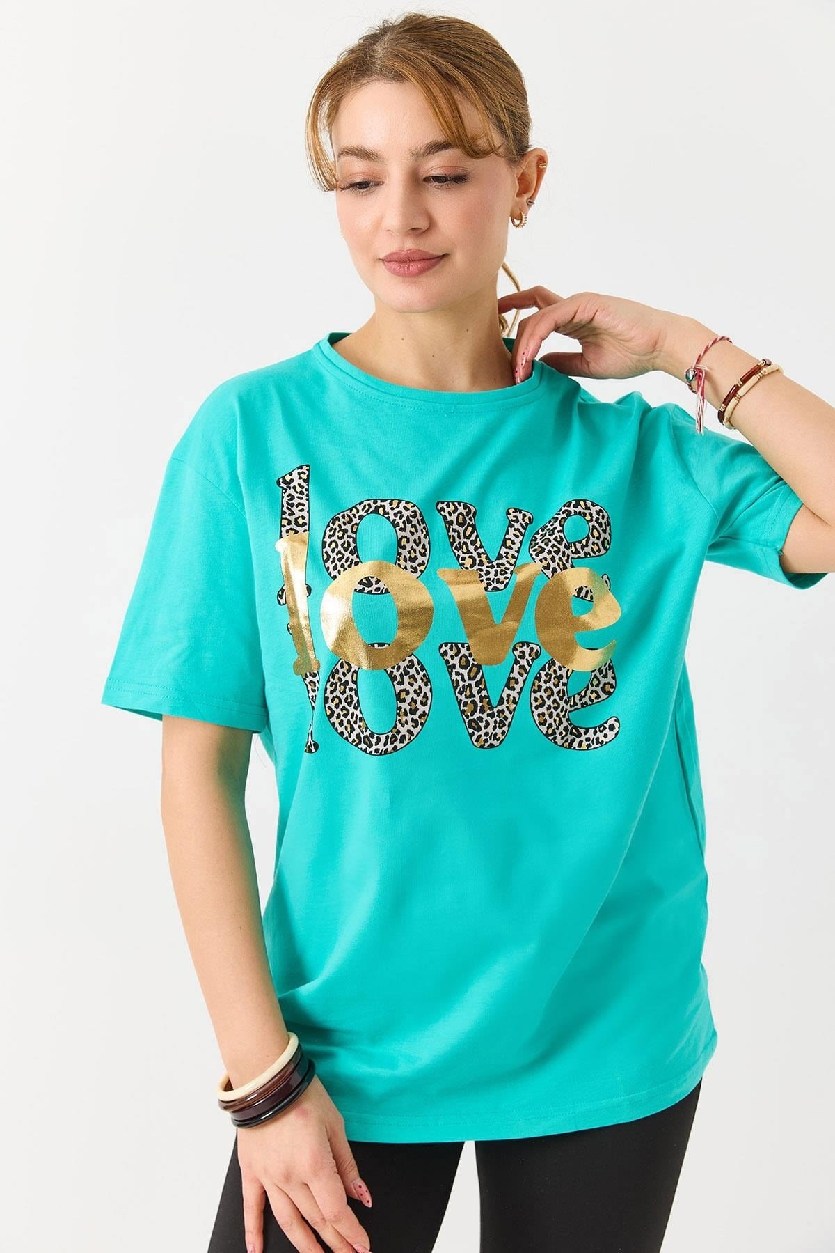 Kadın Bisiklet Yaka Kısa Kol Basic Tshirt Yeşil