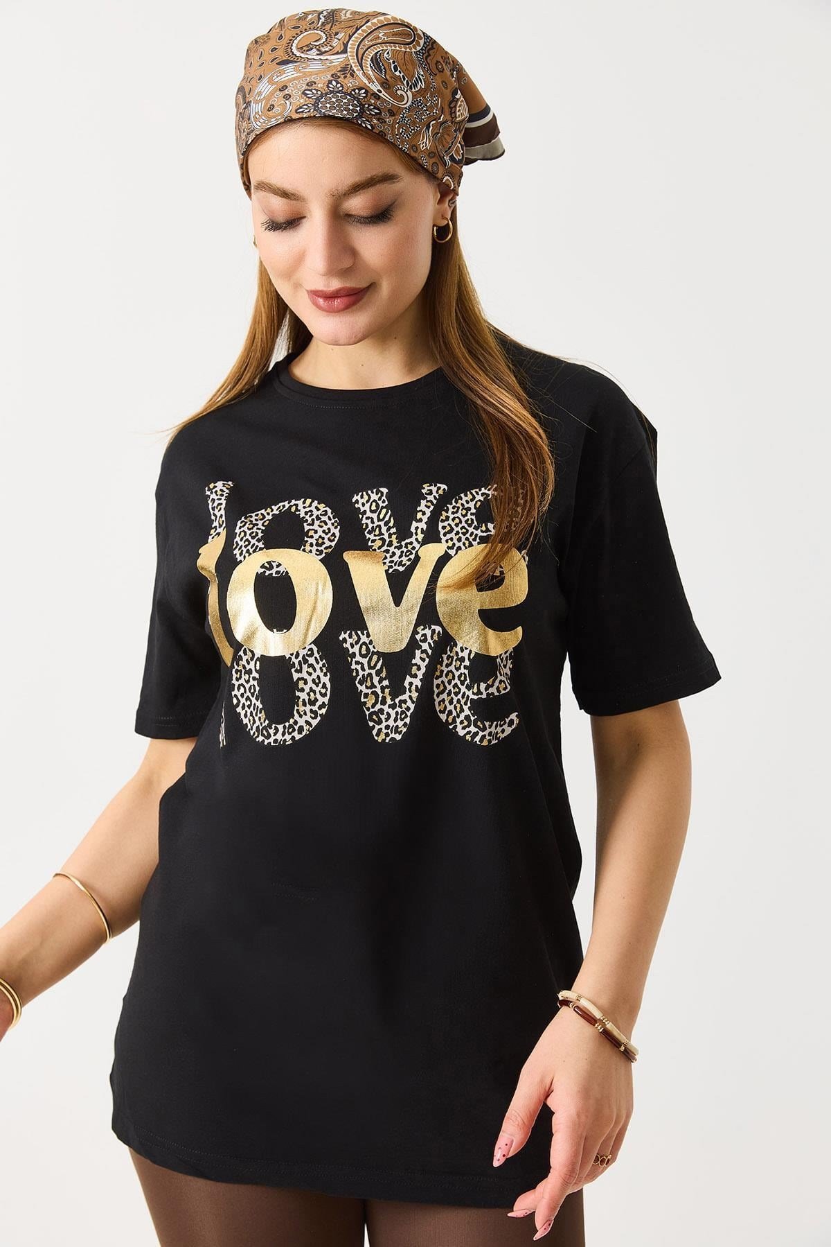 Kadın Bisiklet Yaka Kısa Kol Basic Tshirt Siyah