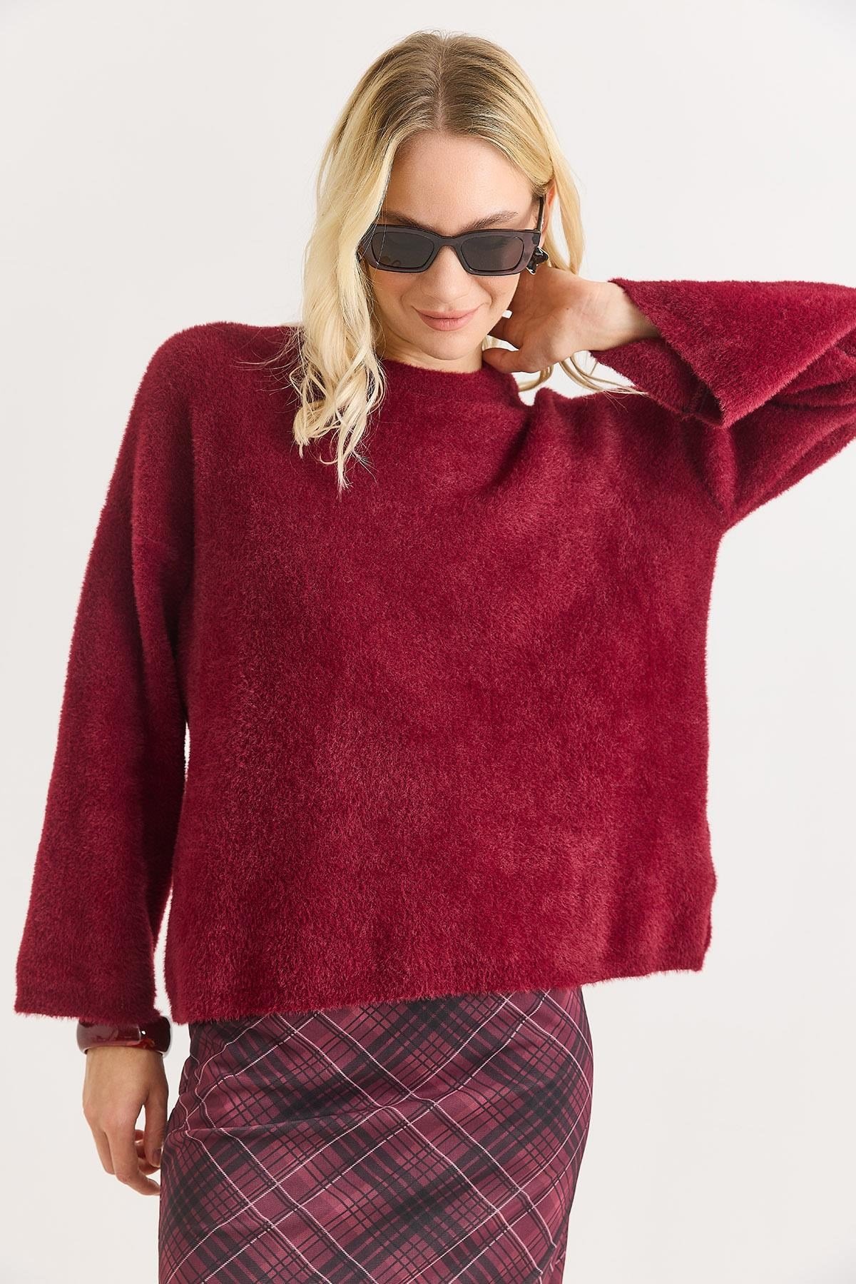 Kadın Bisiklet Yaka Oversize Yumuşak Tüylü Bordo