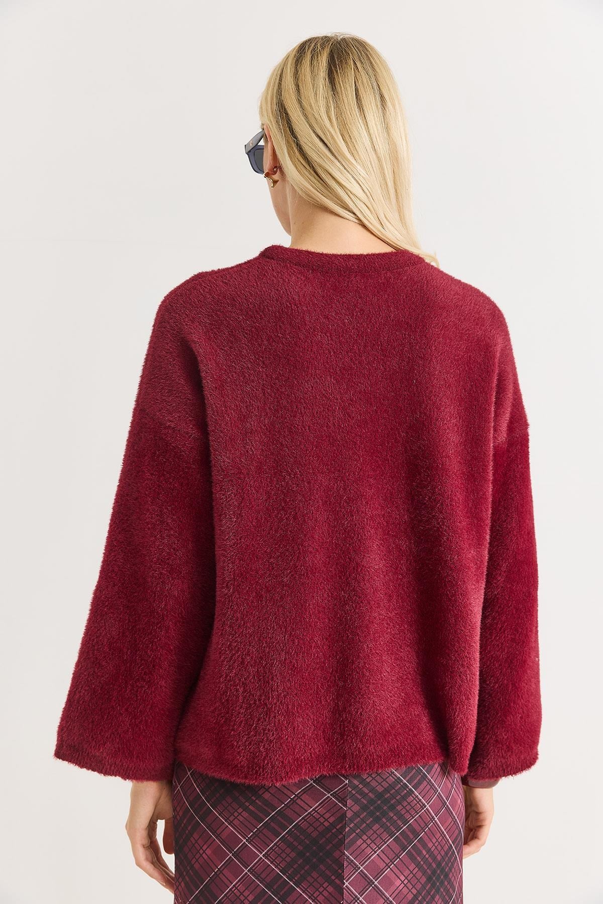 Kadın Bisiklet Yaka Oversize Yumuşak Tüylü Bordo