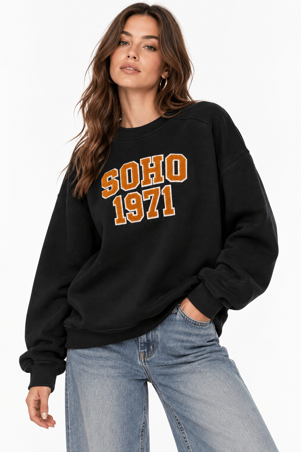 Kadın Bisiklet Yaka Şardonlu Oversize Baskılı Sweatshirt Siyah