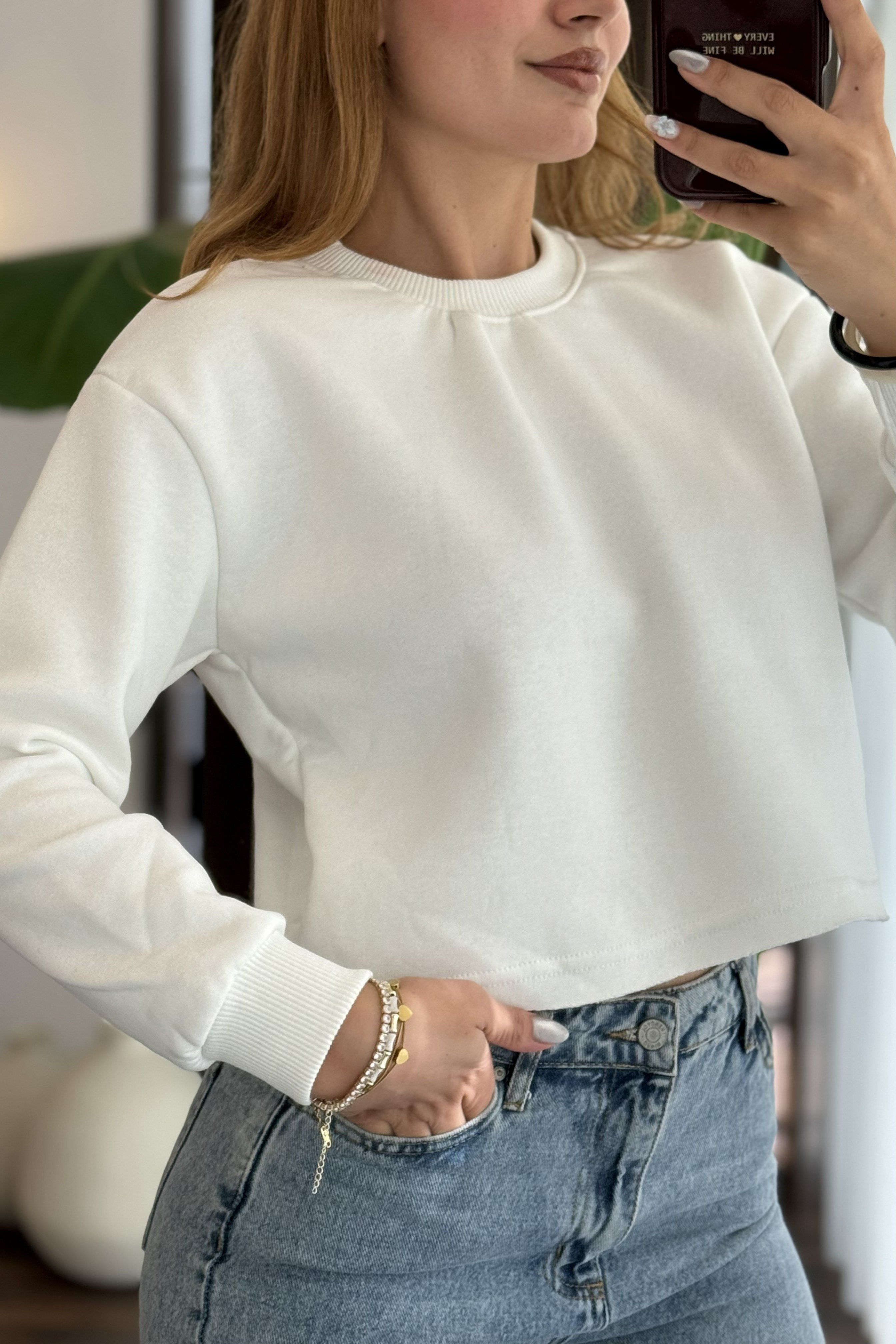 Kadın Bisiklet Yaka Sweatshirt Beyaz