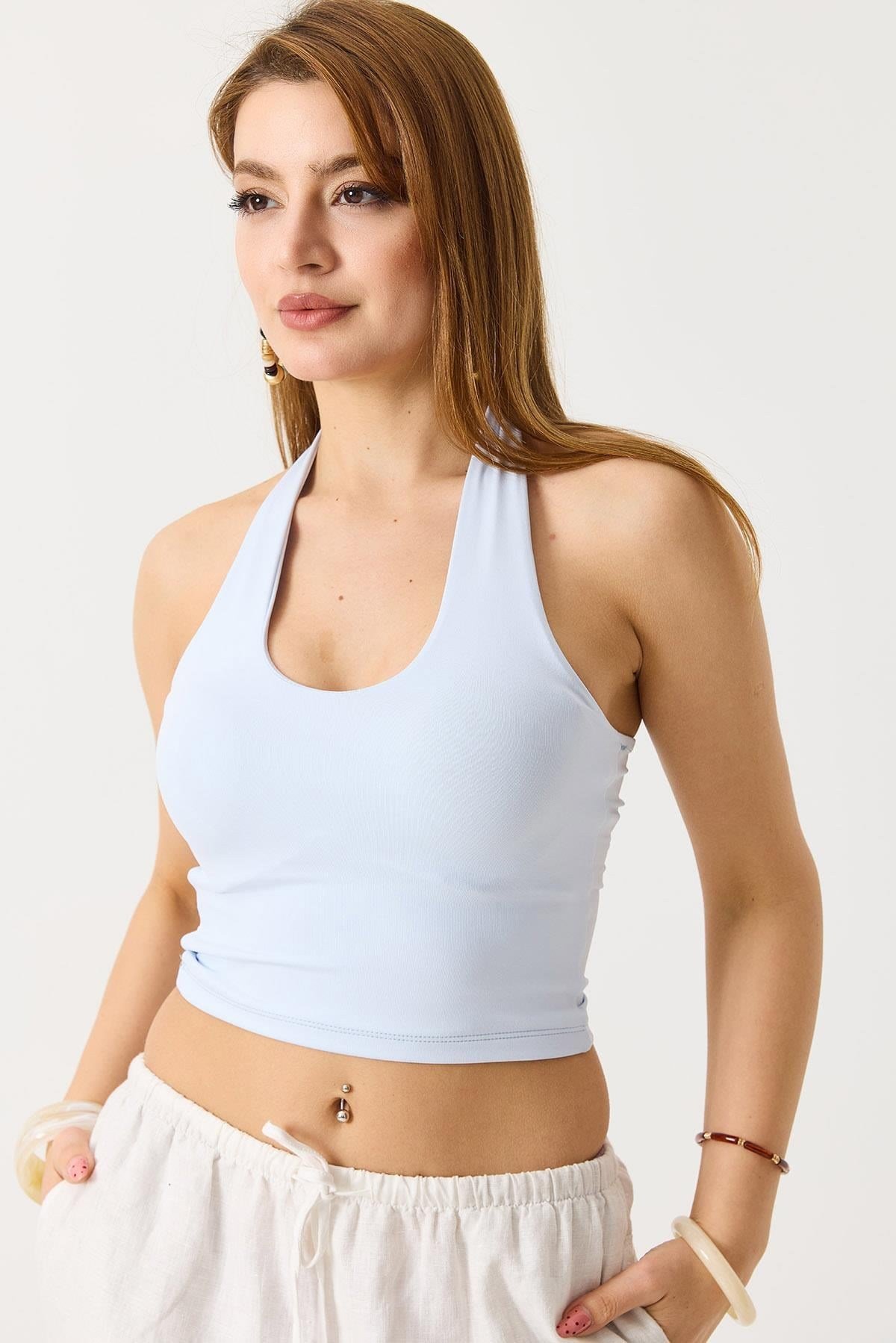 Kadın Boyundan Askılı Crop Bluz Mavi