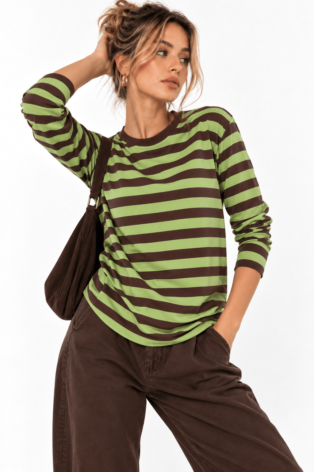 Kadın Çizgi Desenli Sweatshirt Yeşil
