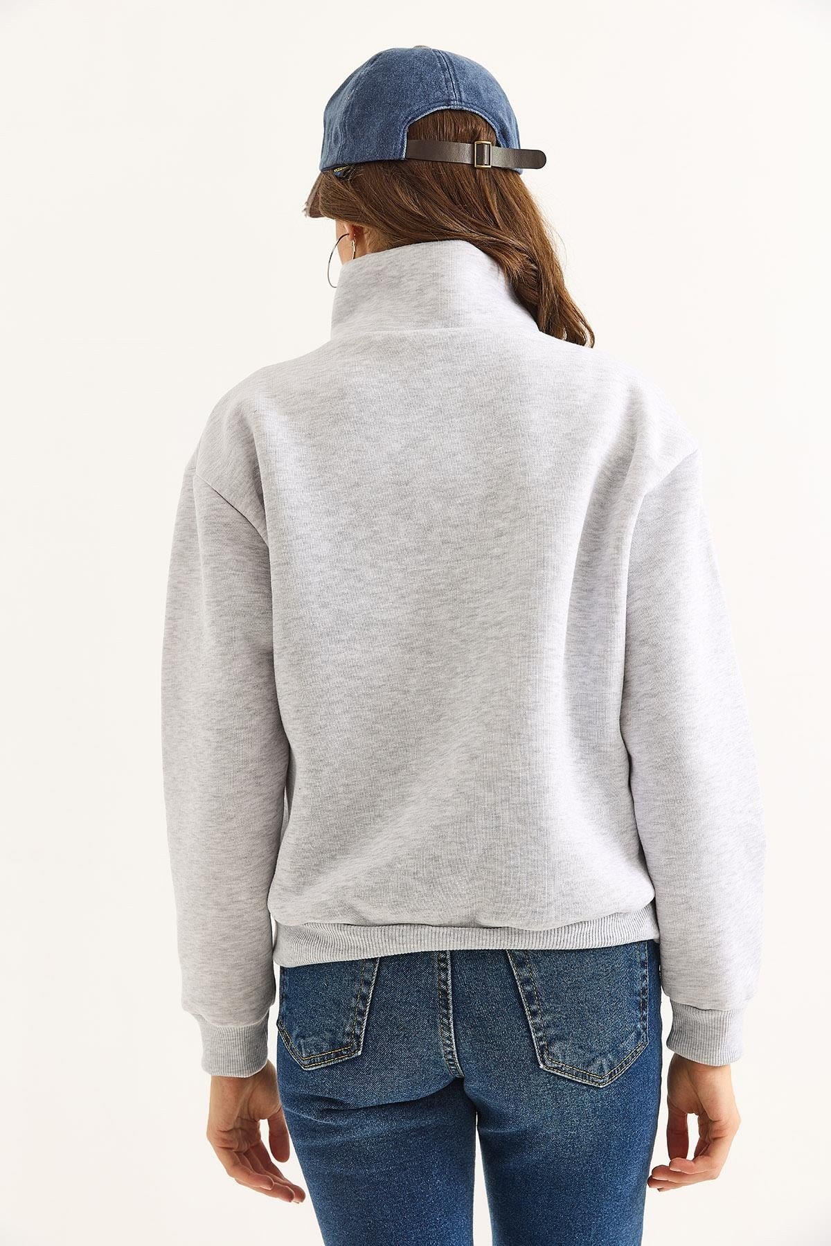 Kadın Dik Yaka Fermuarlı Roket Baskılı Sweatshirt Gri