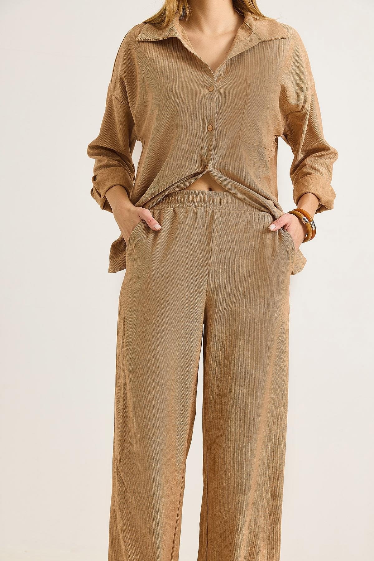 Kadın Fitilli Örme Gömlekli Takım Antrasit Vizon