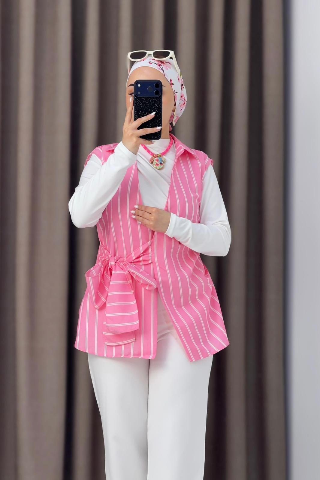 Kadın Gömlek Yaka Belden Bağlamalı Kolsuz Bluz Pembe